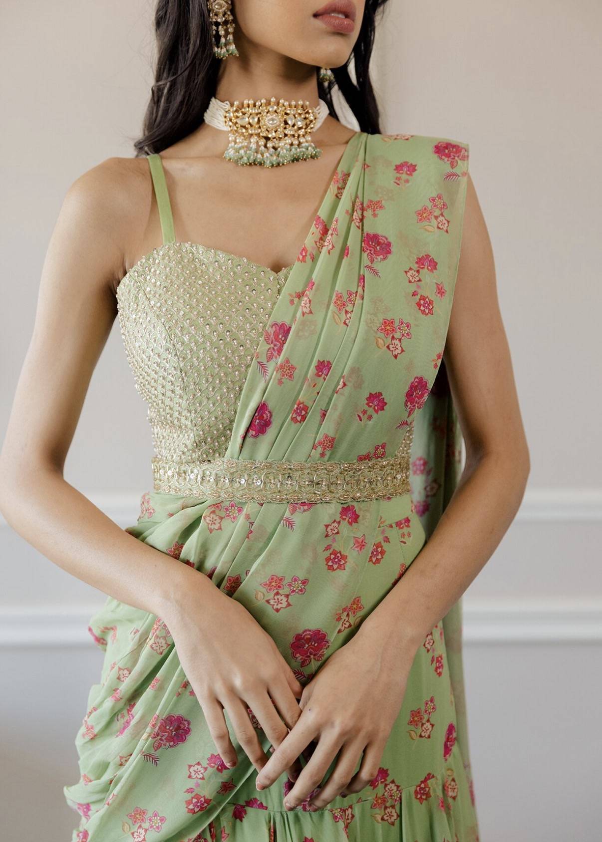 Sage Green Floral Pre-Draped Sari Image - 2