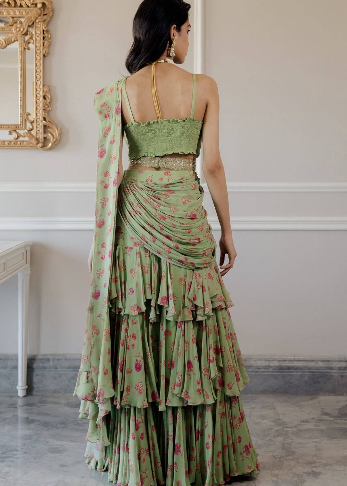 Sage Green Floral Pre-Draped Sari Image - 1