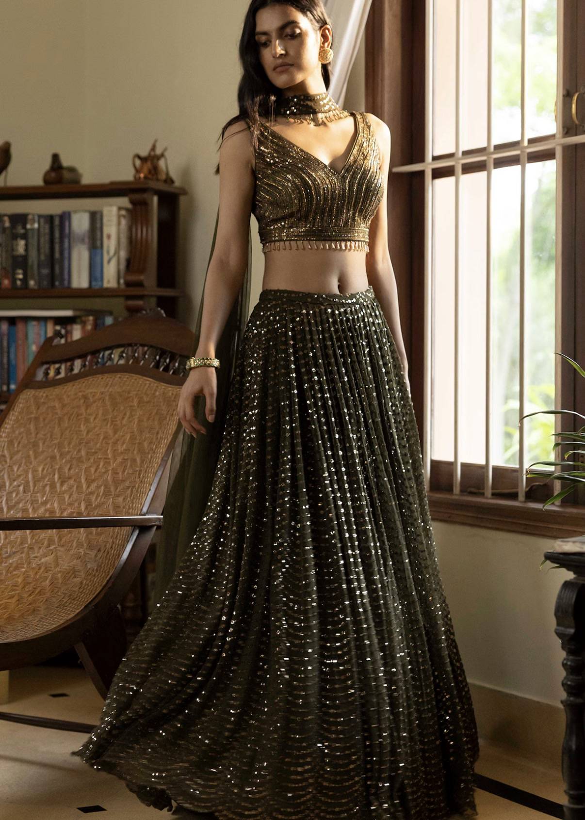 Olive Green Sequin Lehenga Set Image - 0