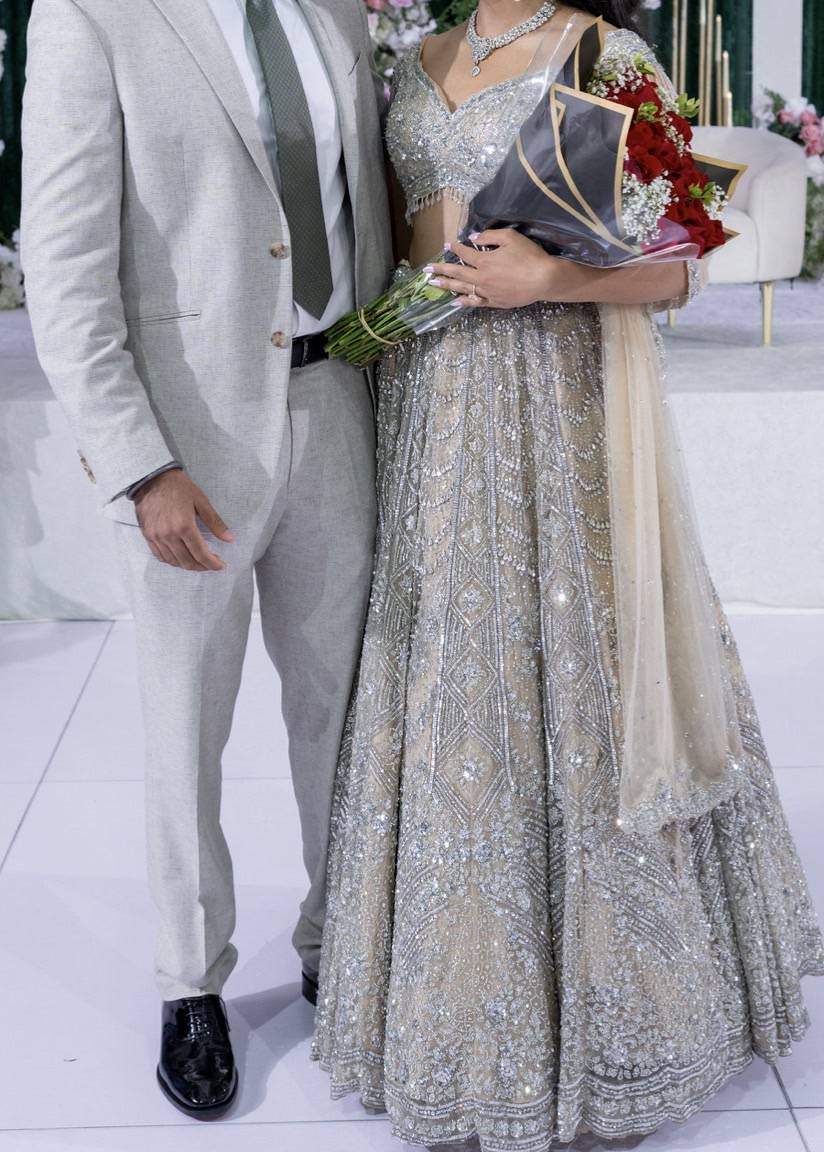Silver Crystal Embellished Bridal Lehenga Image - 1