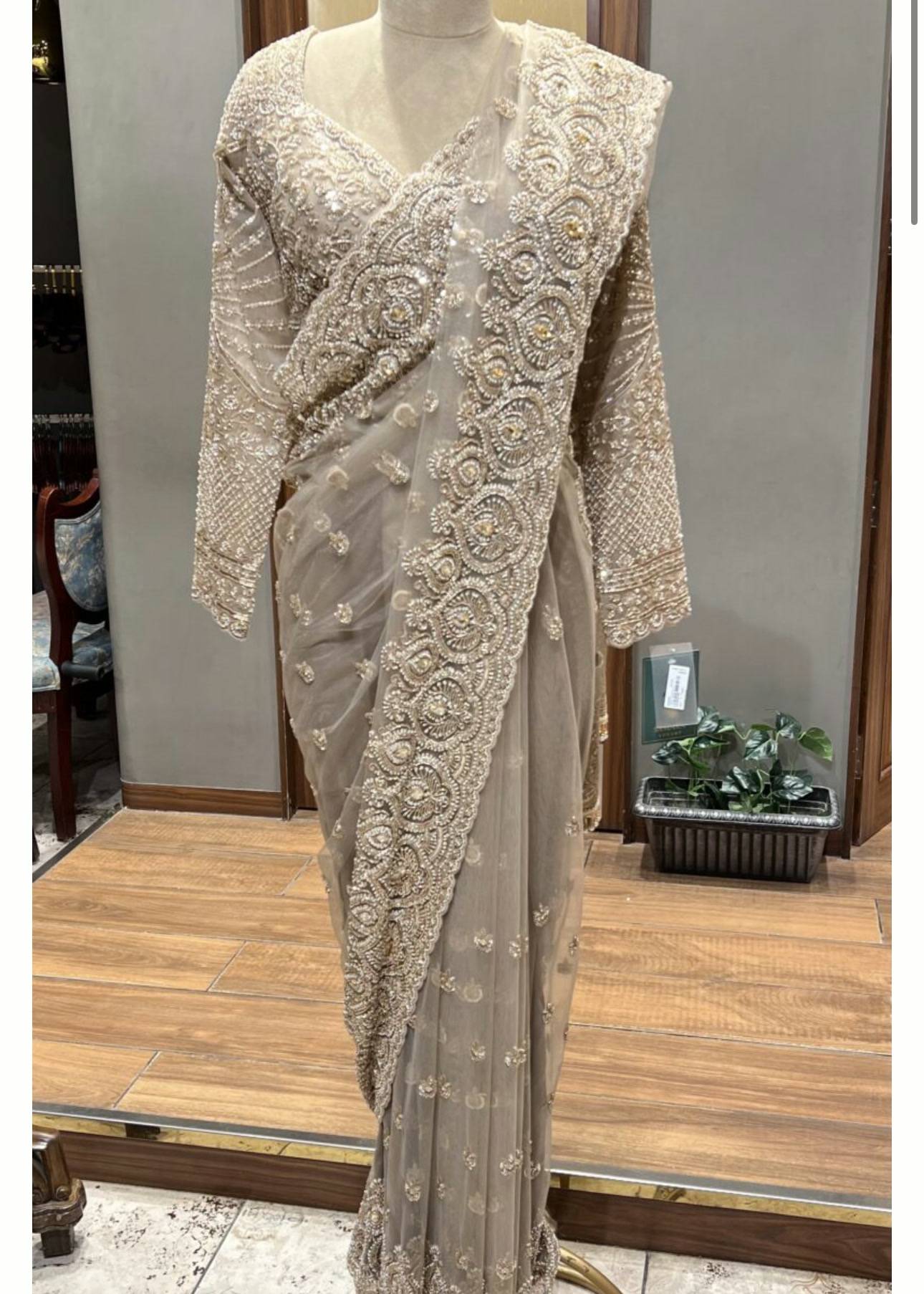 Champagne Pearl Embellished Net Sari Image - 0