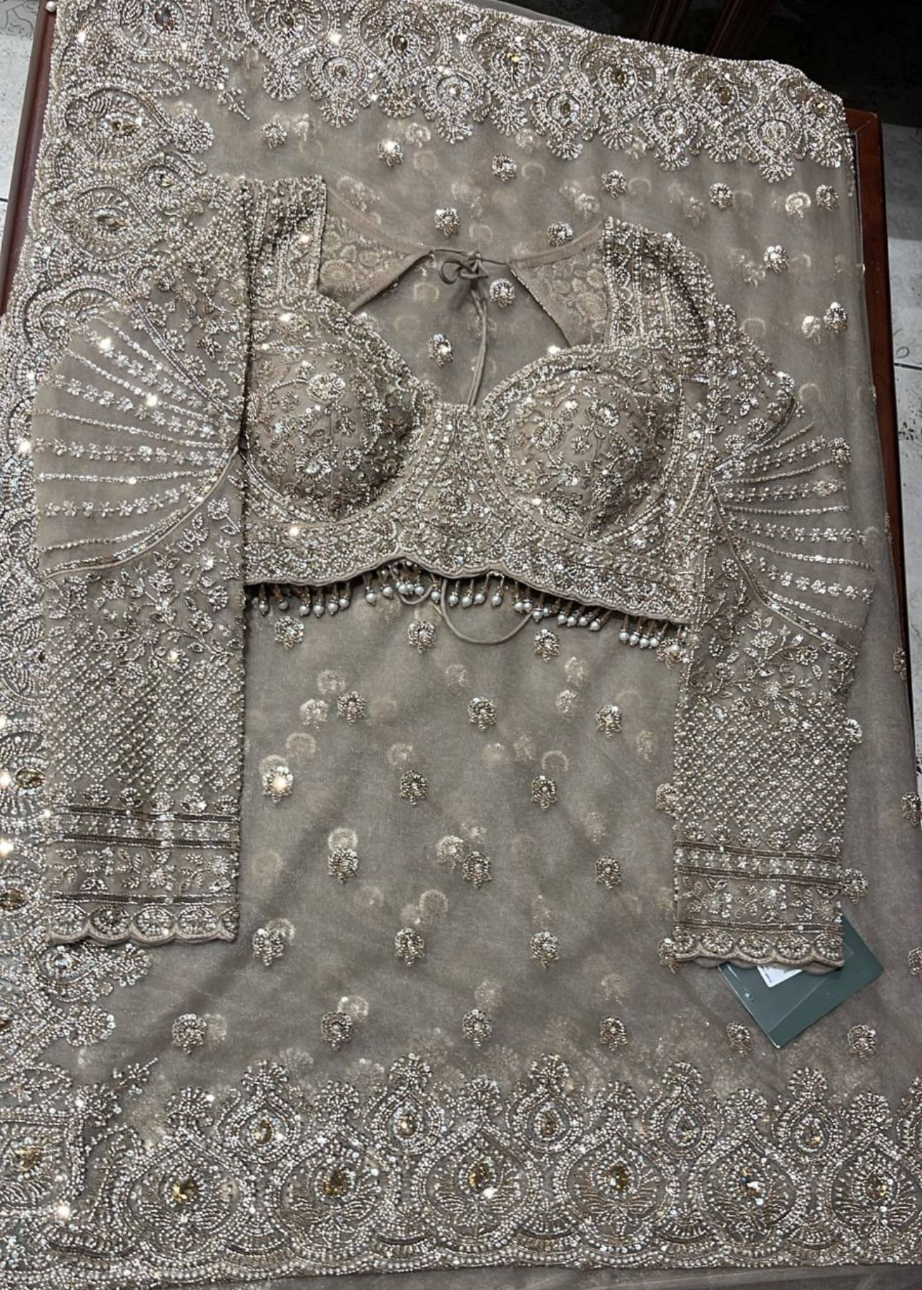 Champagne Pearl Embellished Net Sari Image - 1