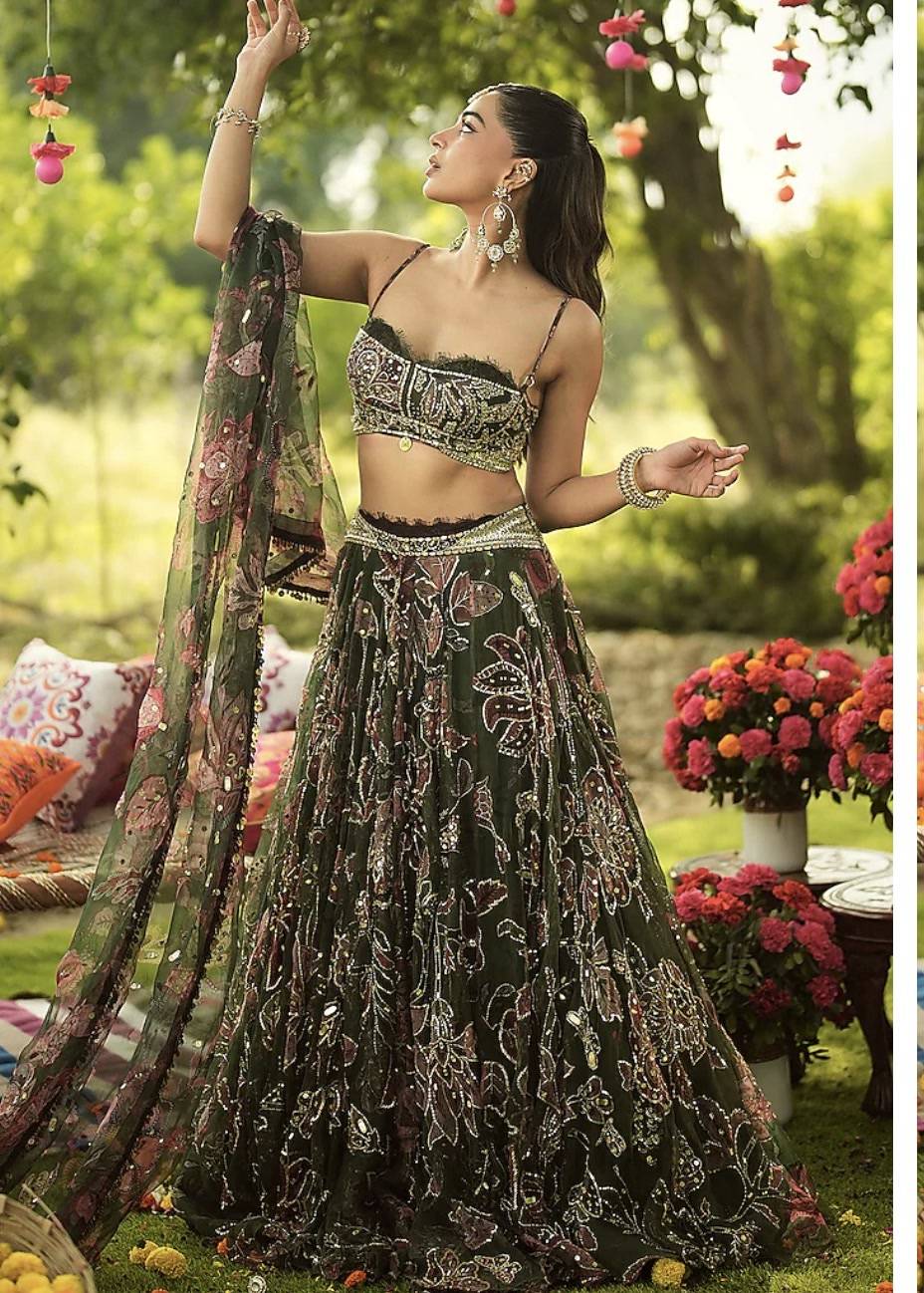 Dark Green Floral Embroidered Lehenga Set Image - 0