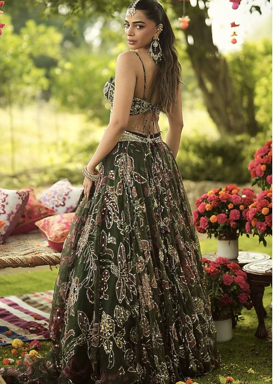 Dark Green Floral Embroidered Lehenga Set Image - 1