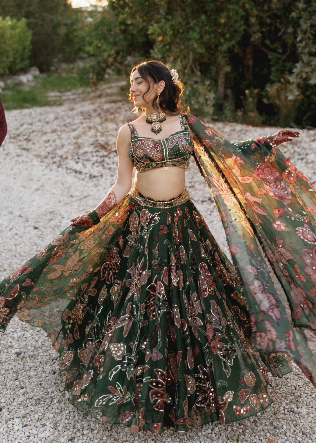 Dark Green Floral Embroidered Lehenga Set Image - 2