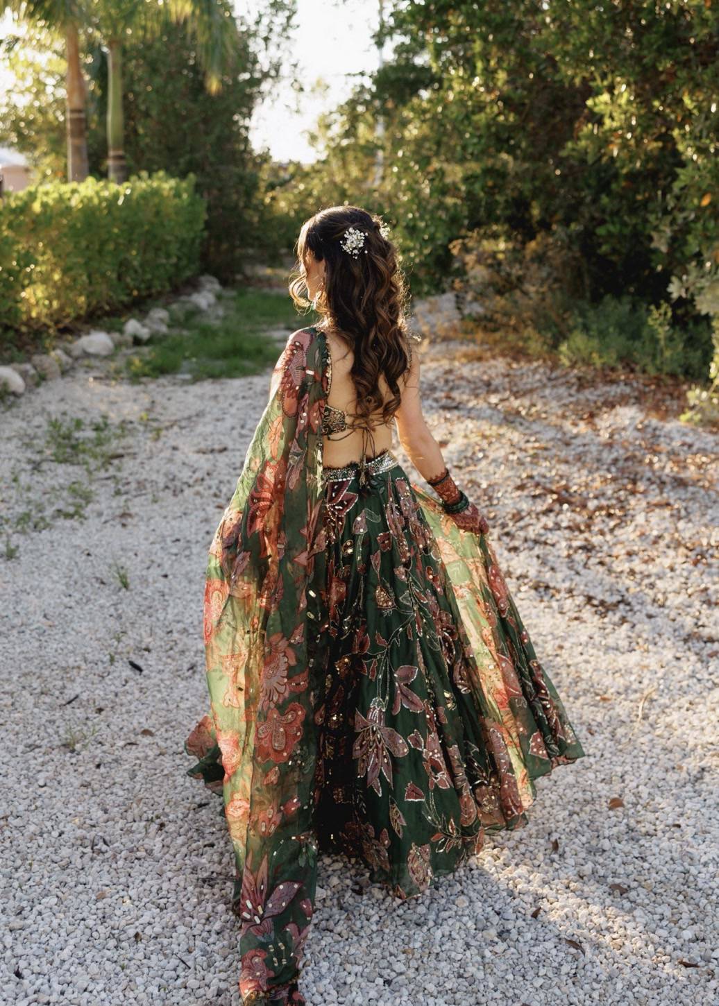 Dark Green Floral Embroidered Lehenga Set Image - 3