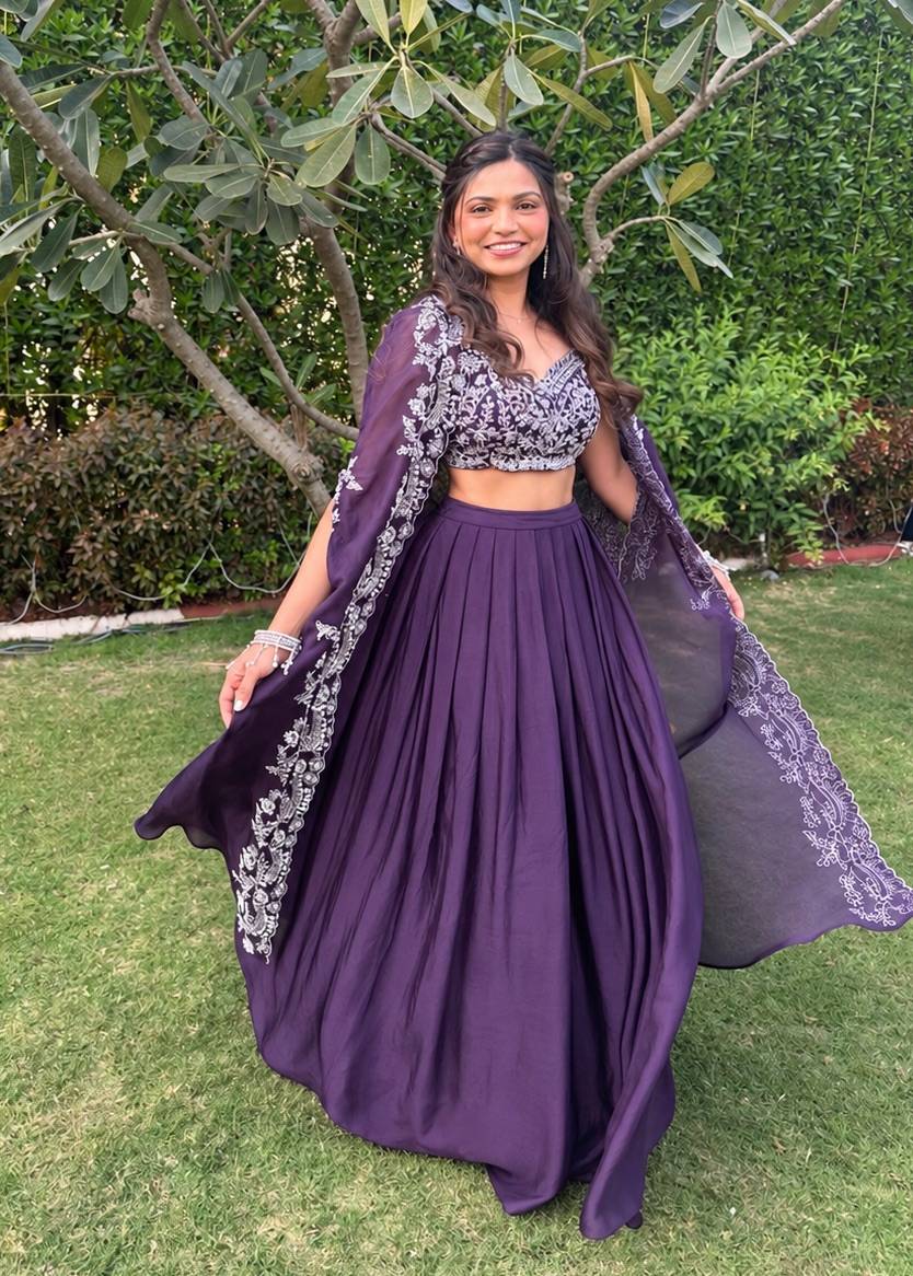 Plum Floral Embroidered Lehenga Set with Cape Image - 0