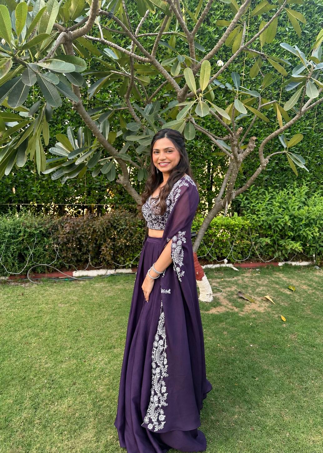 Plum Floral Embroidered Lehenga Set with Cape Image - 1