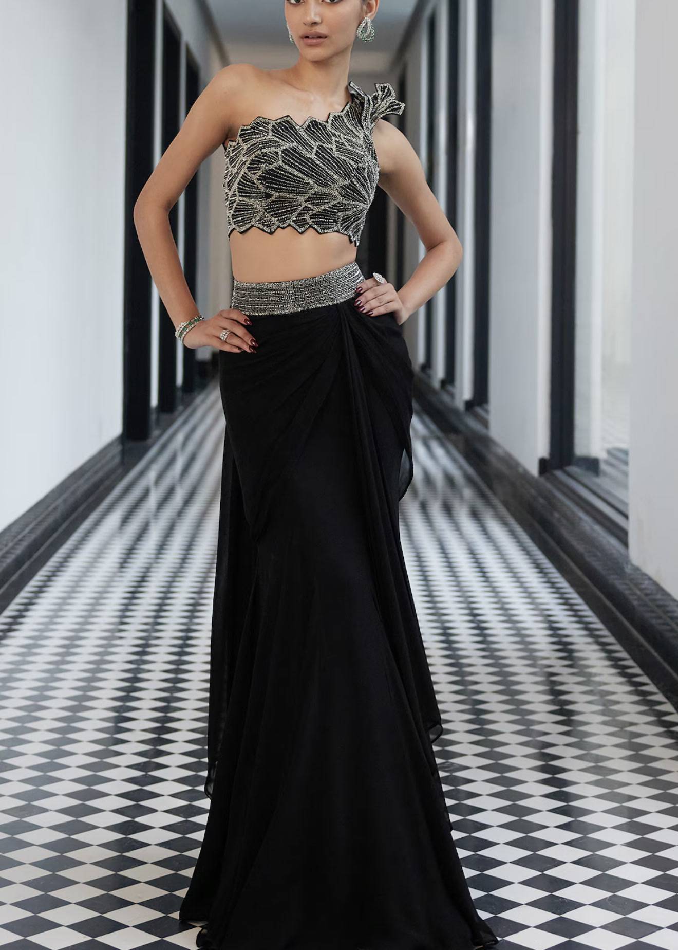 Black Beaded Drape Lehenga Set Image - 0