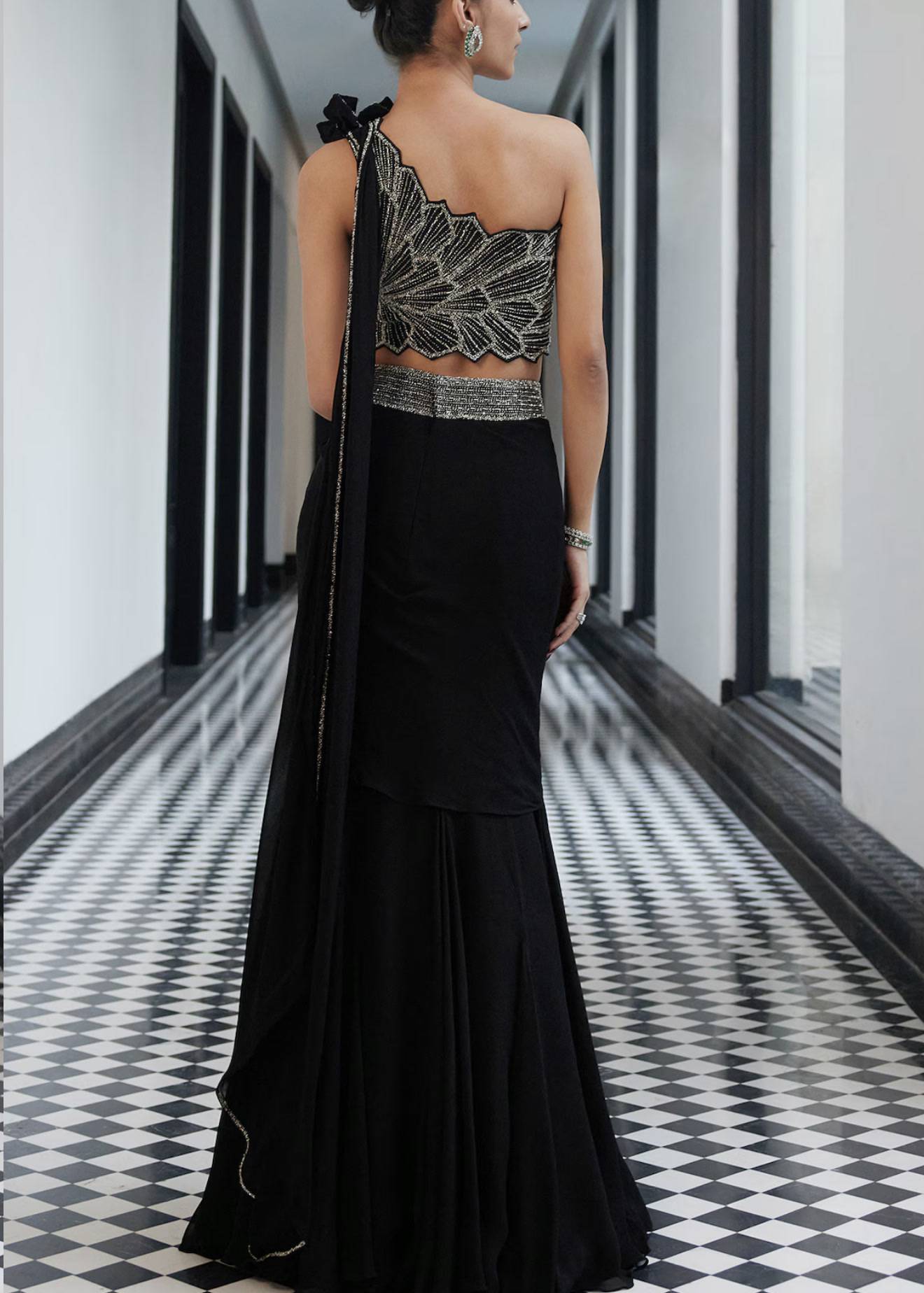 Black Beaded Drape Lehenga Set Image - 2