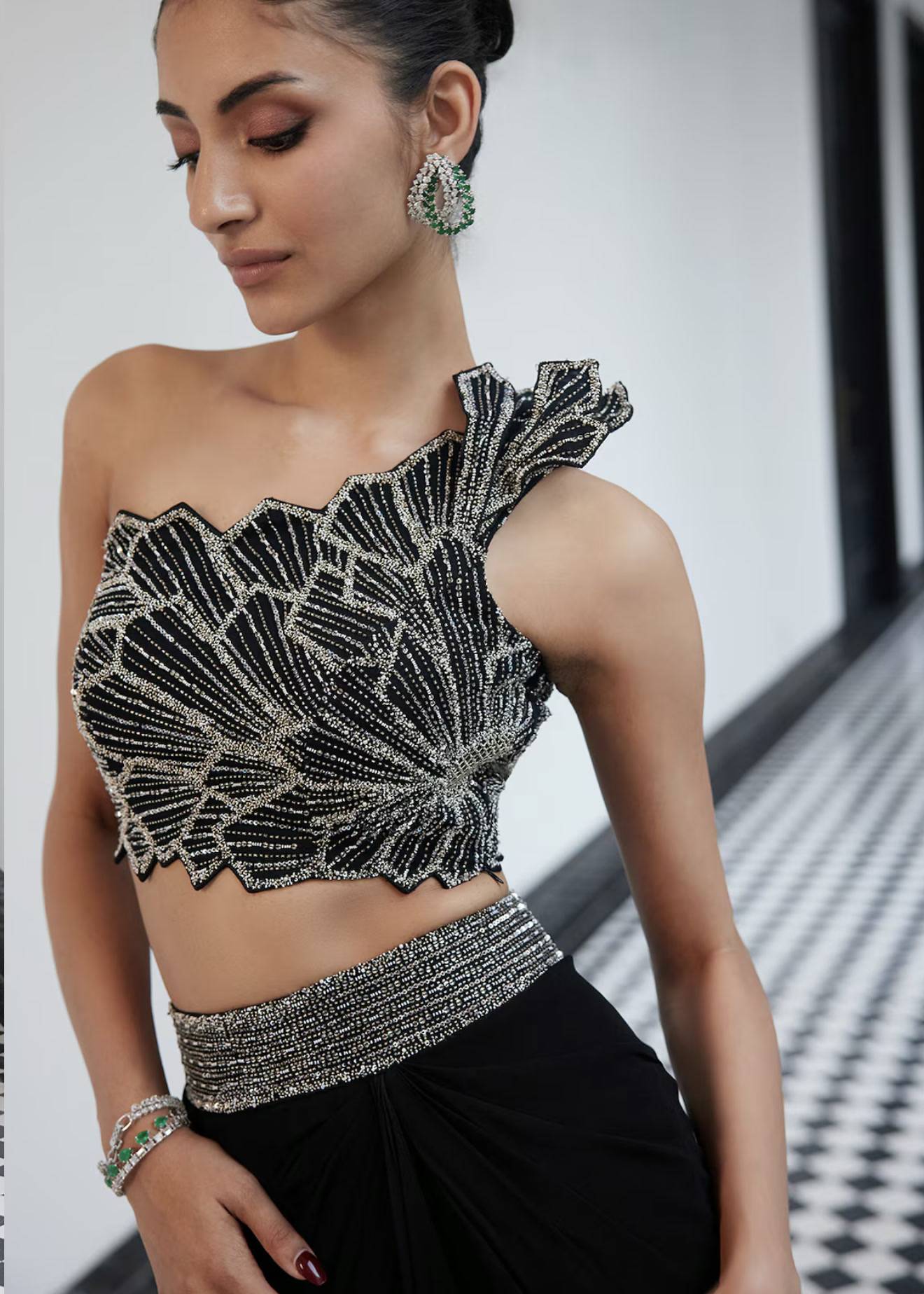 Black Beaded Drape Lehenga Set Image - 1