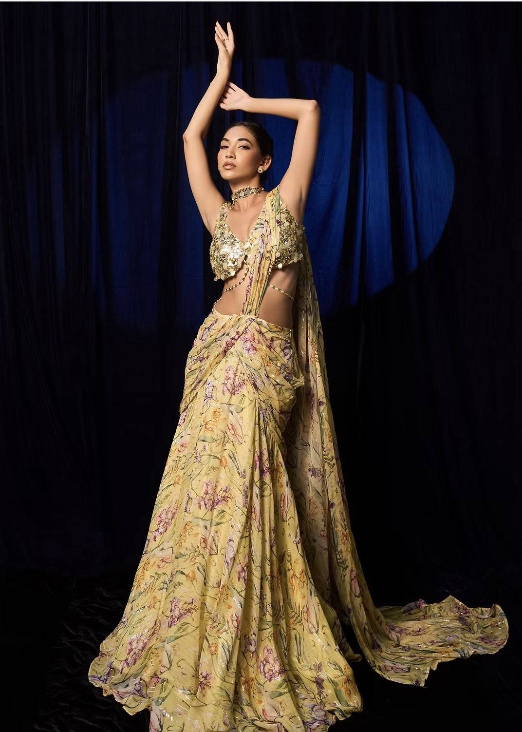 Yellow Floral Pre-Draped Sari Image - 4