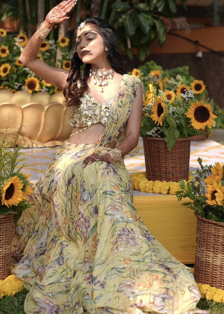 Yellow Floral Pre-Draped Sari Image - 2