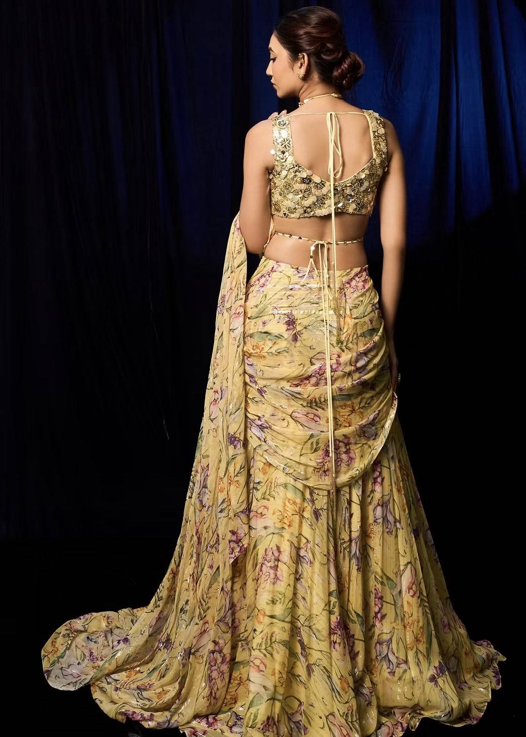 Yellow Floral Pre-Draped Sari Image - 3