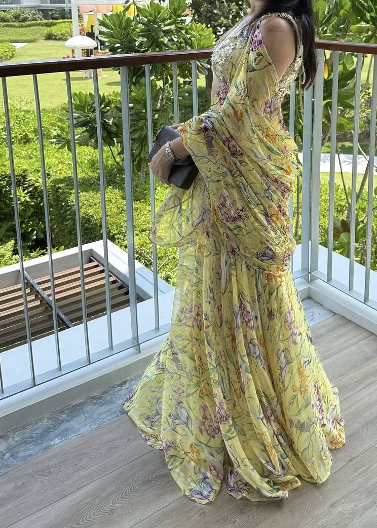Yellow Floral Pre-Draped Sari Image - 1