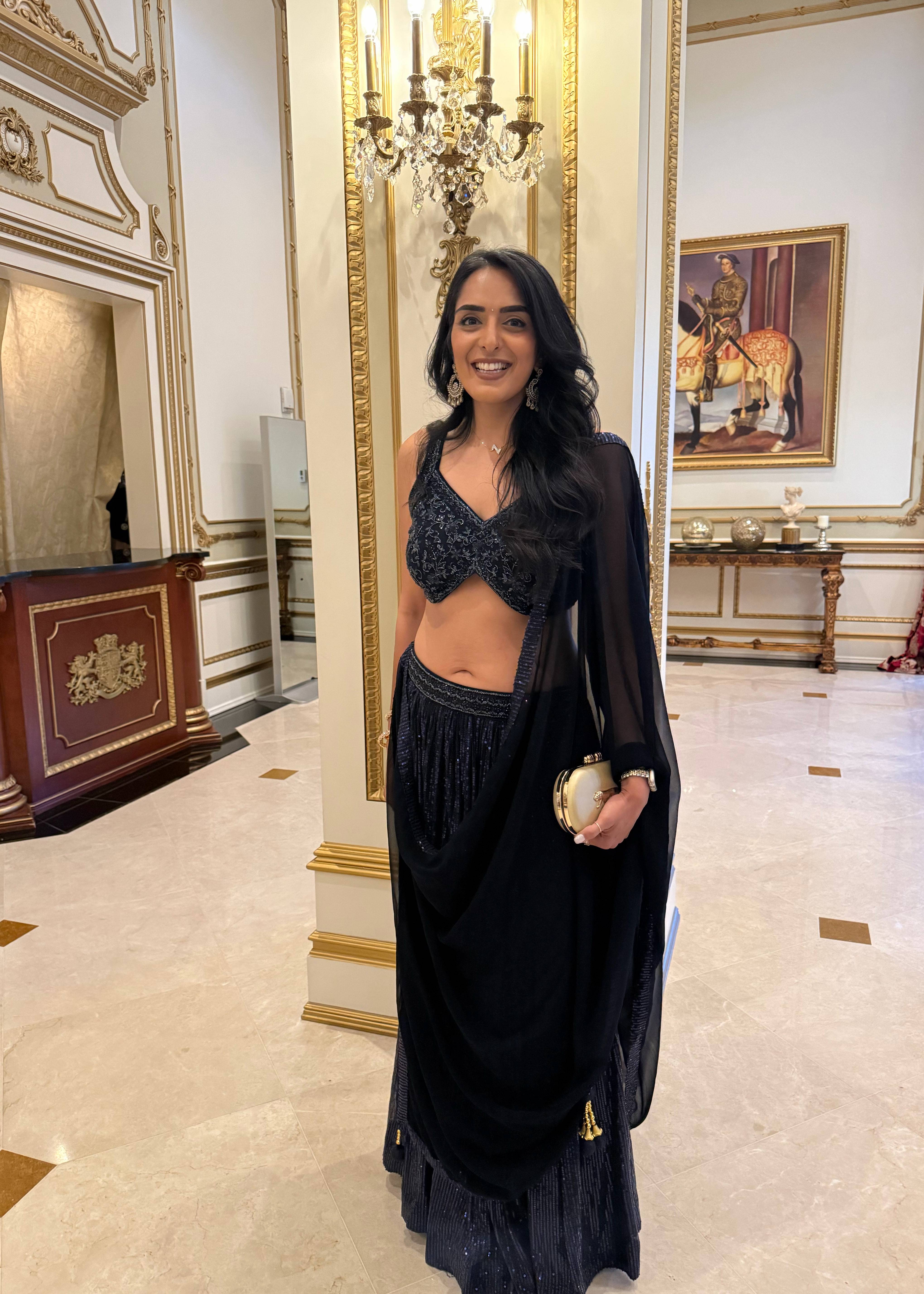 Navy Sequin Drape Lehenga Set Image - 3