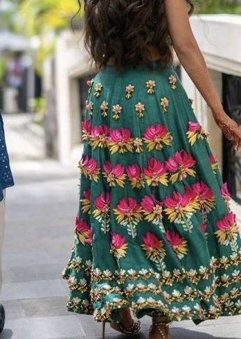 Green Floral Short Lehenga Set Image - 4