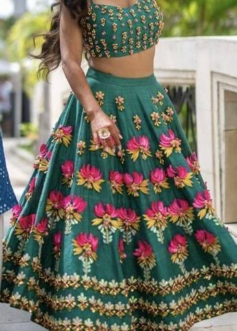 Green Floral Short Lehenga Set Image - 3