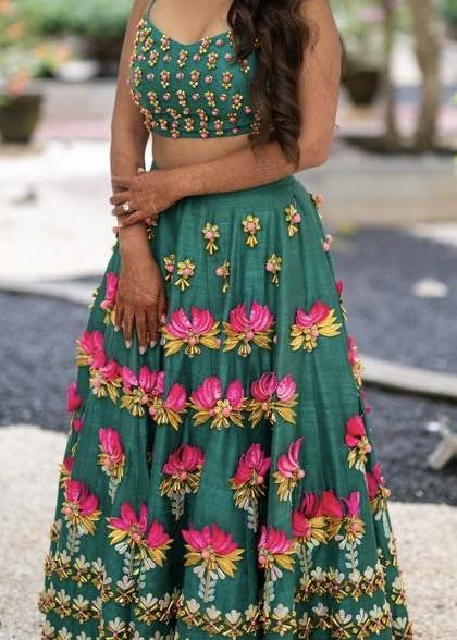 Green Floral Short Lehenga Set Image - 2