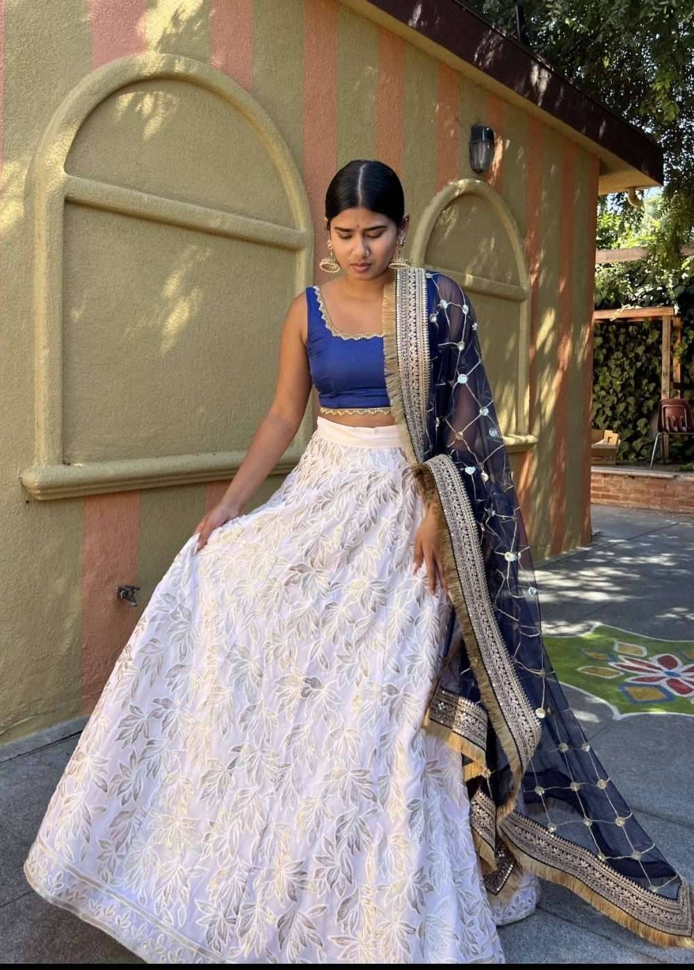 Ivory and Navy Embroidered Lehenga Image - 0
