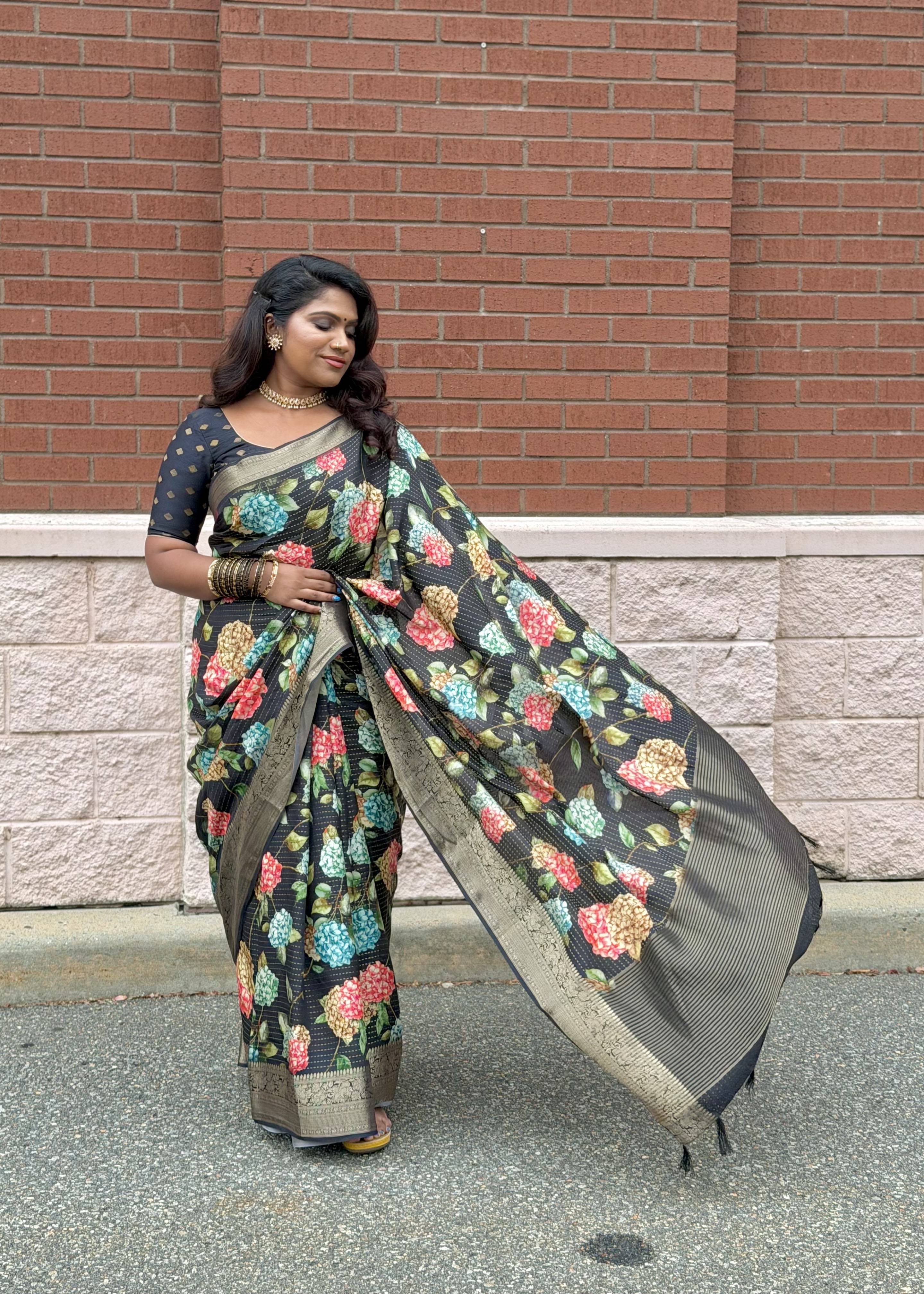 Black Floral Sari with Gold Border Image - 0