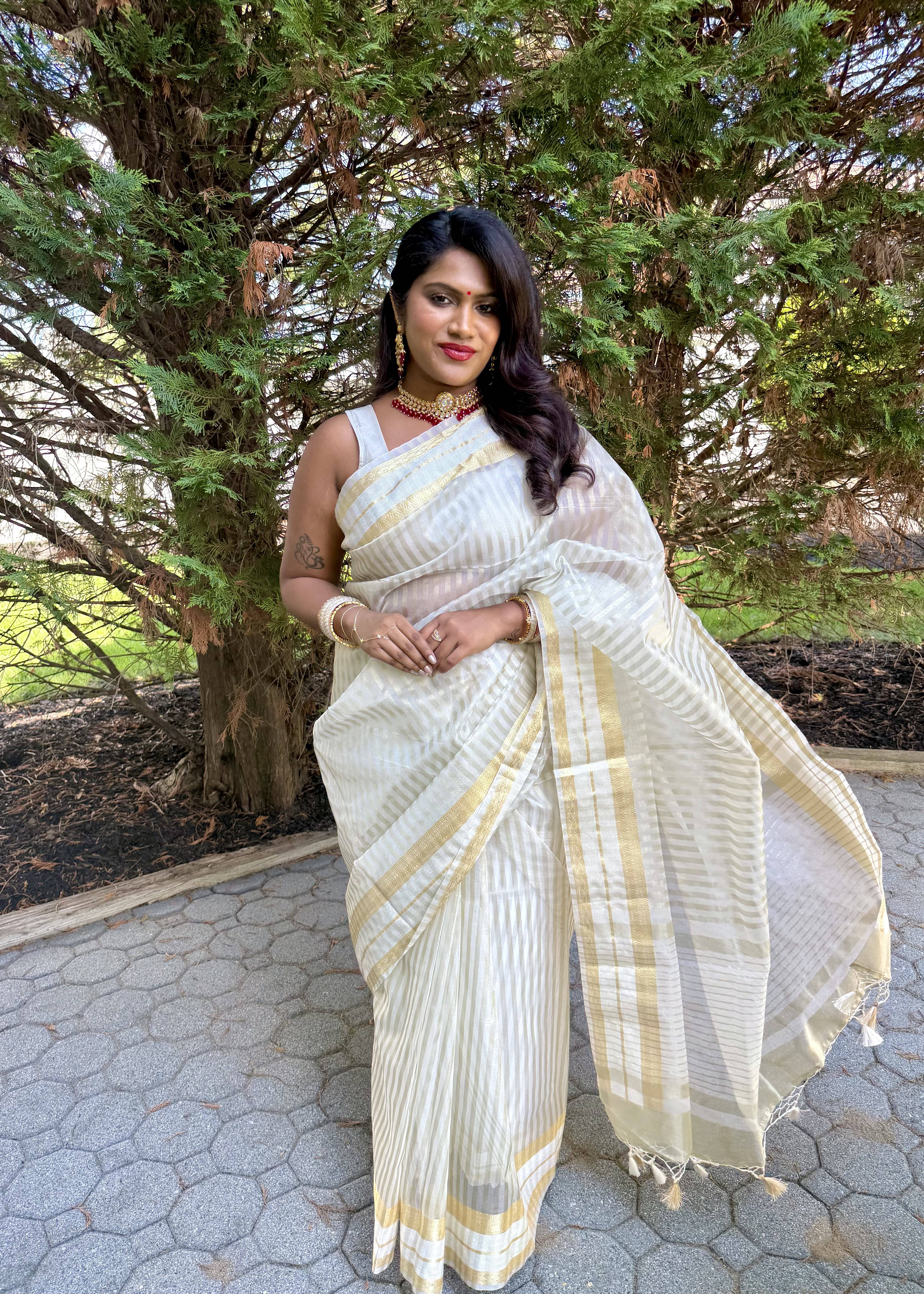 Ivory and Gold Striped Sari Image - 0