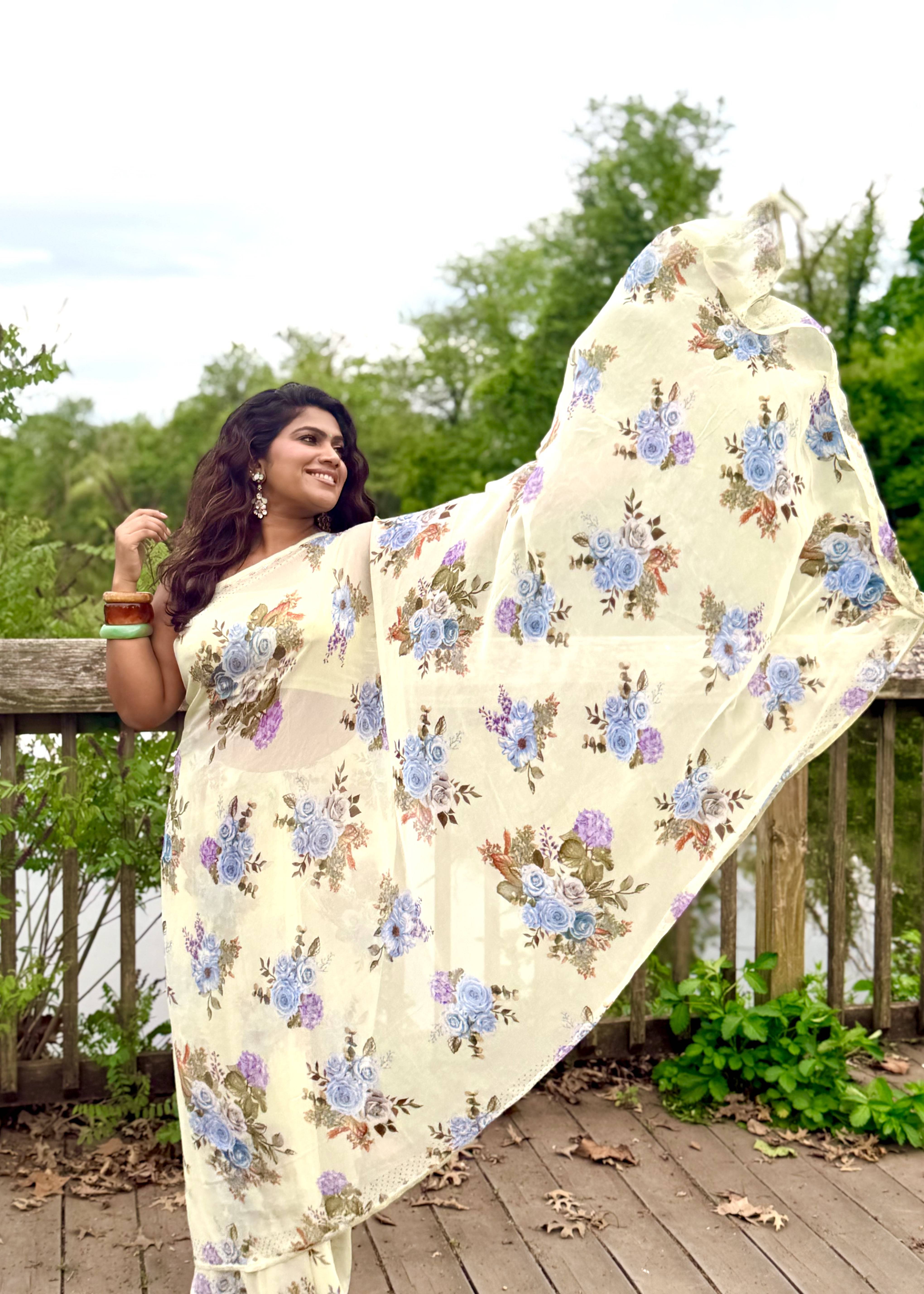 Pale Yellow Floral Sari Image - 0