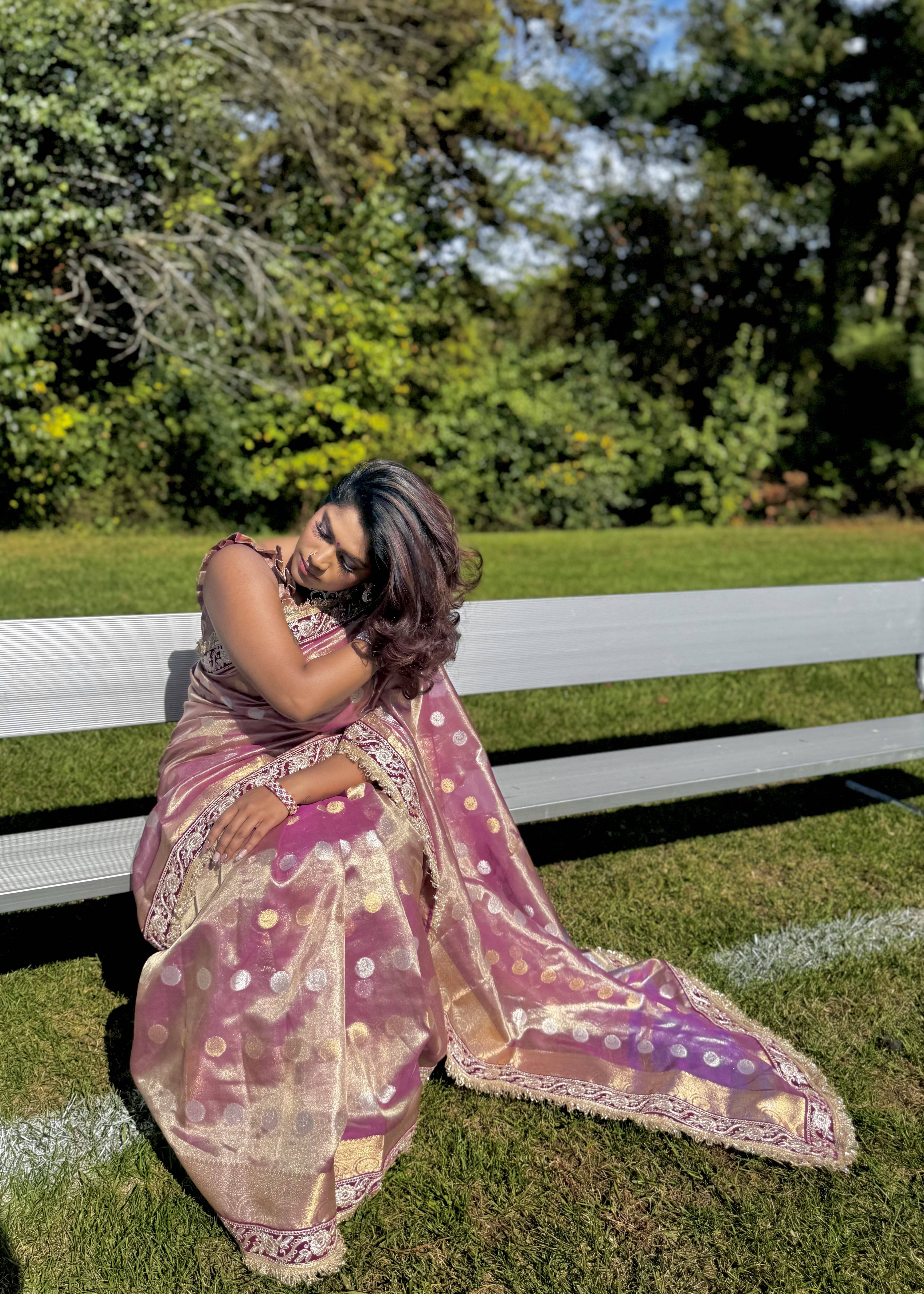 Mauve and Gold Tissue Organza Sari Image - 1
