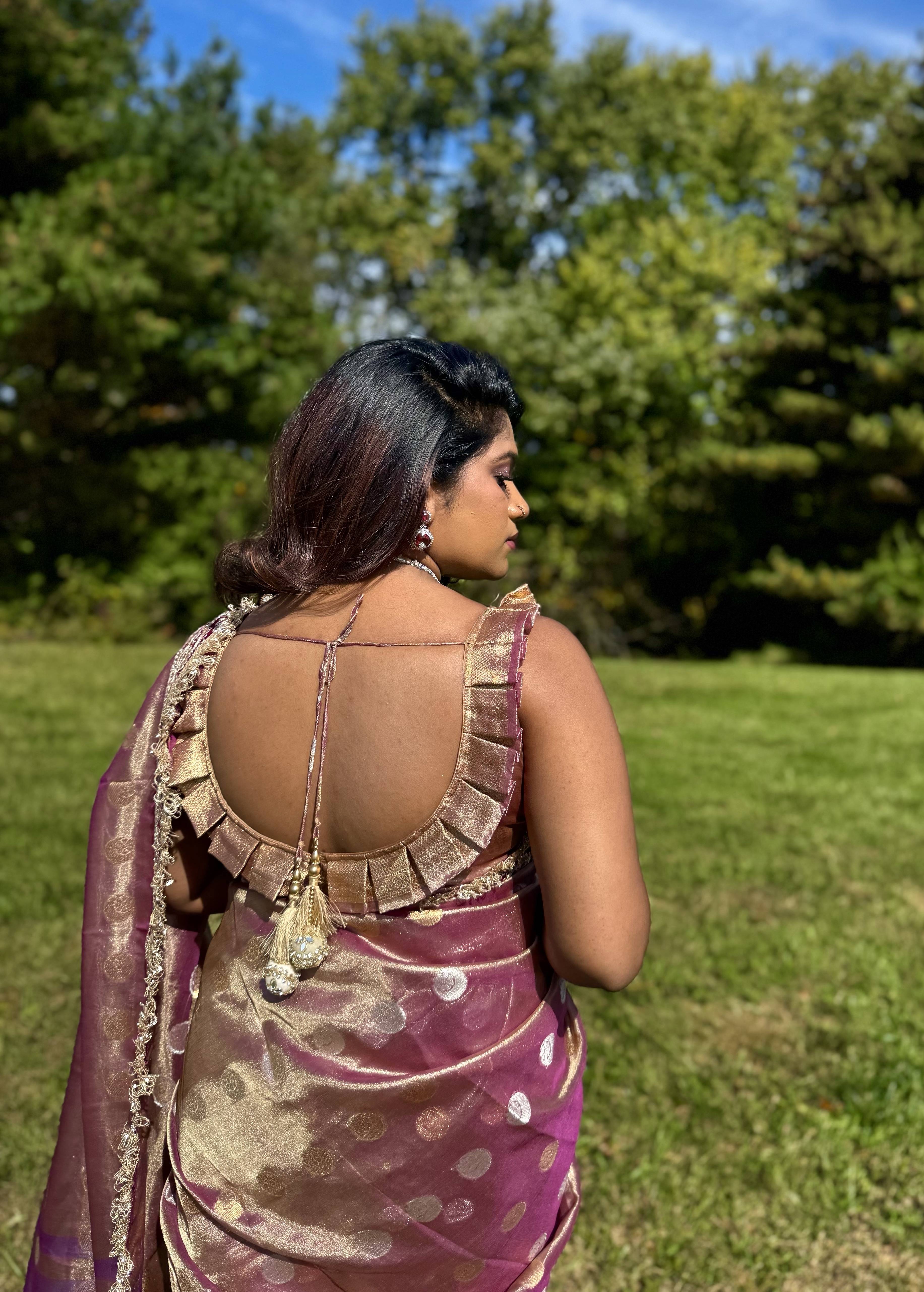 Mauve and Gold Tissue Organza Sari Image - 2