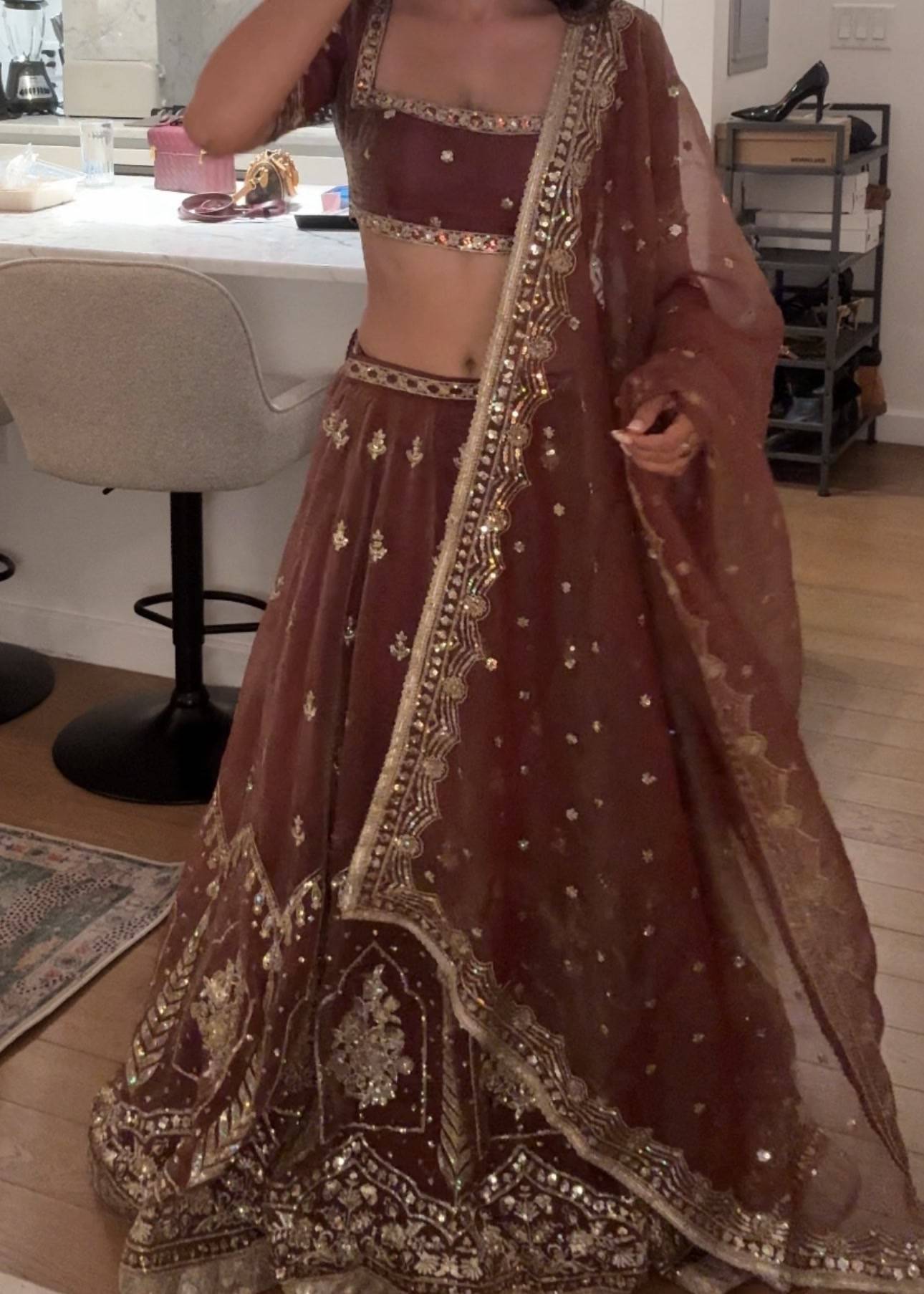 Brown Sequin Embroidered Organza Lehenga Set Image - 1