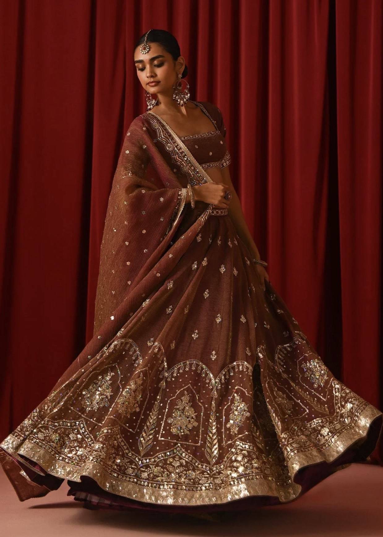 Brown Sequin Embroidered Organza Lehenga Set Image - 3