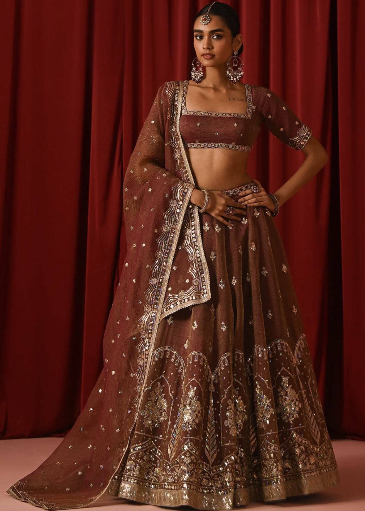 Brown Sequin Embroidered Organza Lehenga Set Image - 0