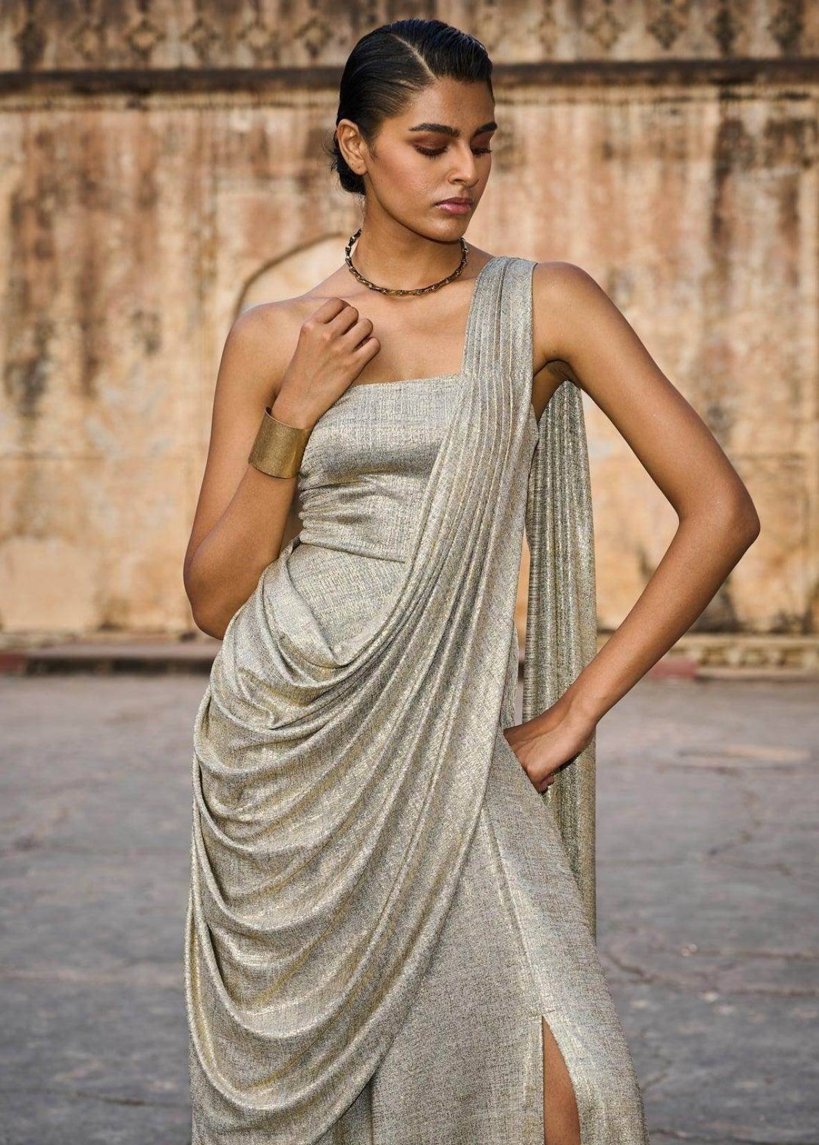 Champagne Gold Shimmer Pre-Draped Sari Image - 2