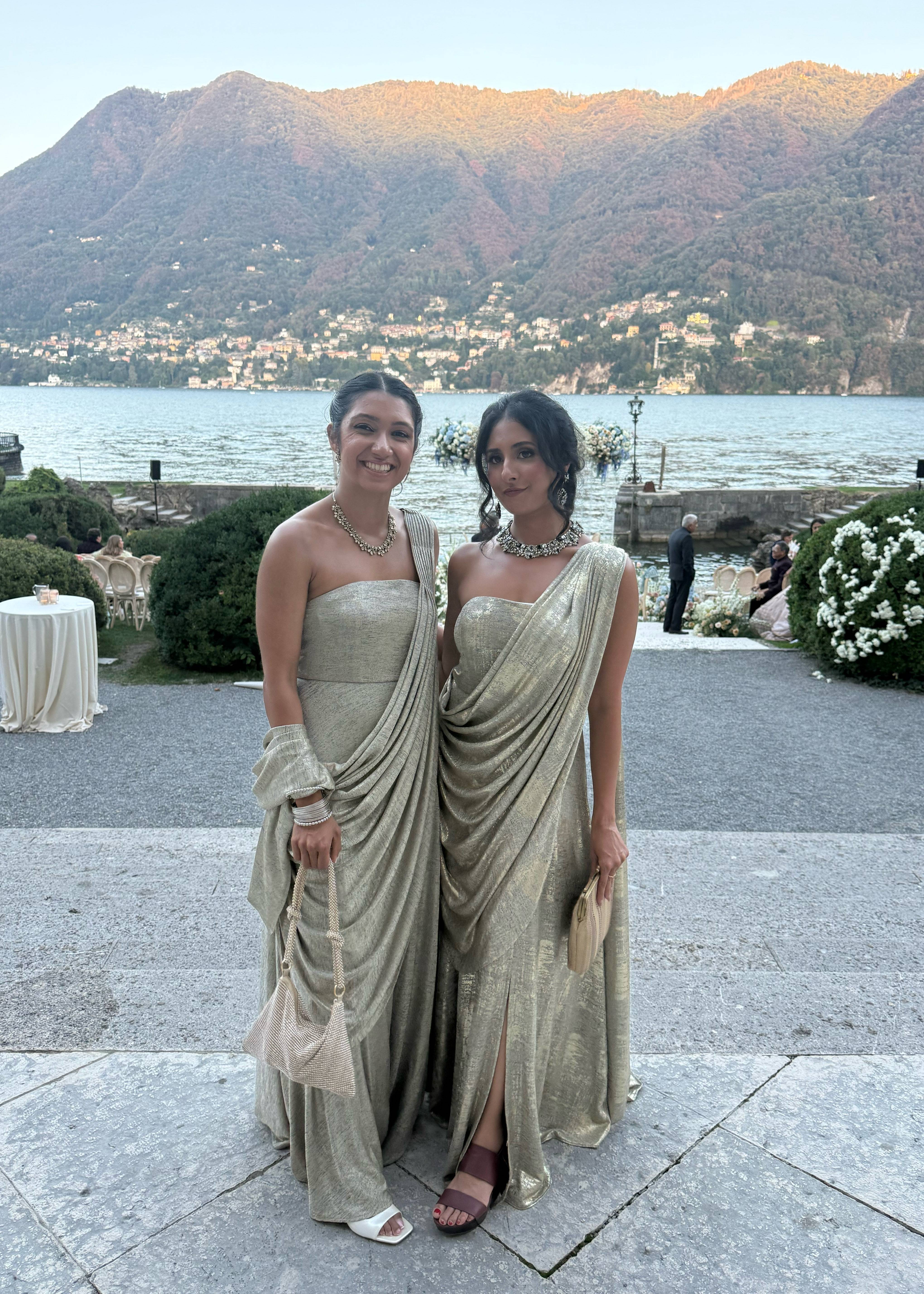 Champagne Gold Shimmer Pre-Draped Sari Image - 1