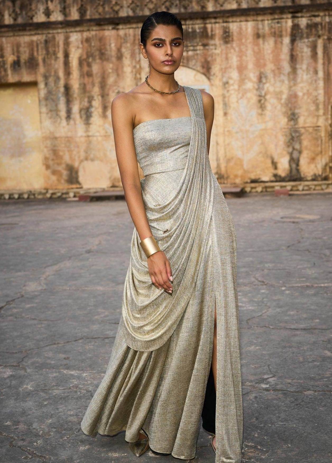 Champagne Gold Shimmer Pre-Draped Sari Image - 0