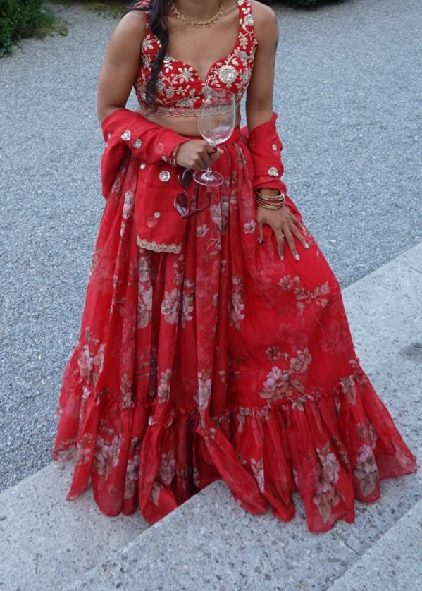 Red Floral Organza Lehenga Set Image - 0