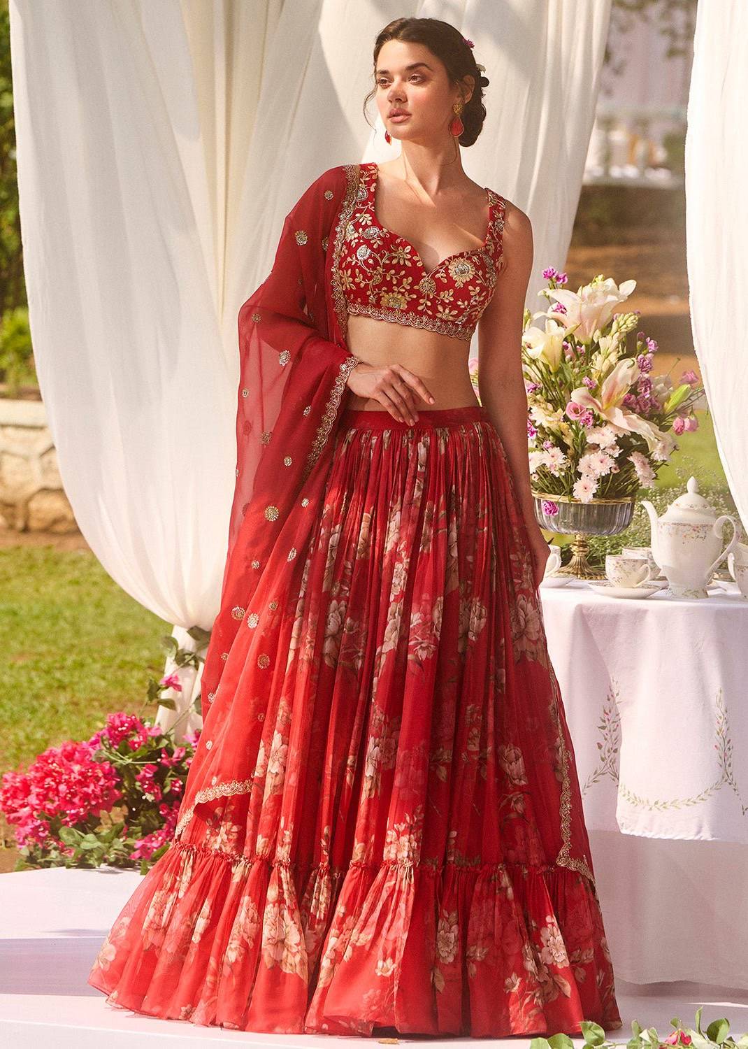 Red Floral Organza Lehenga Set Image - 1