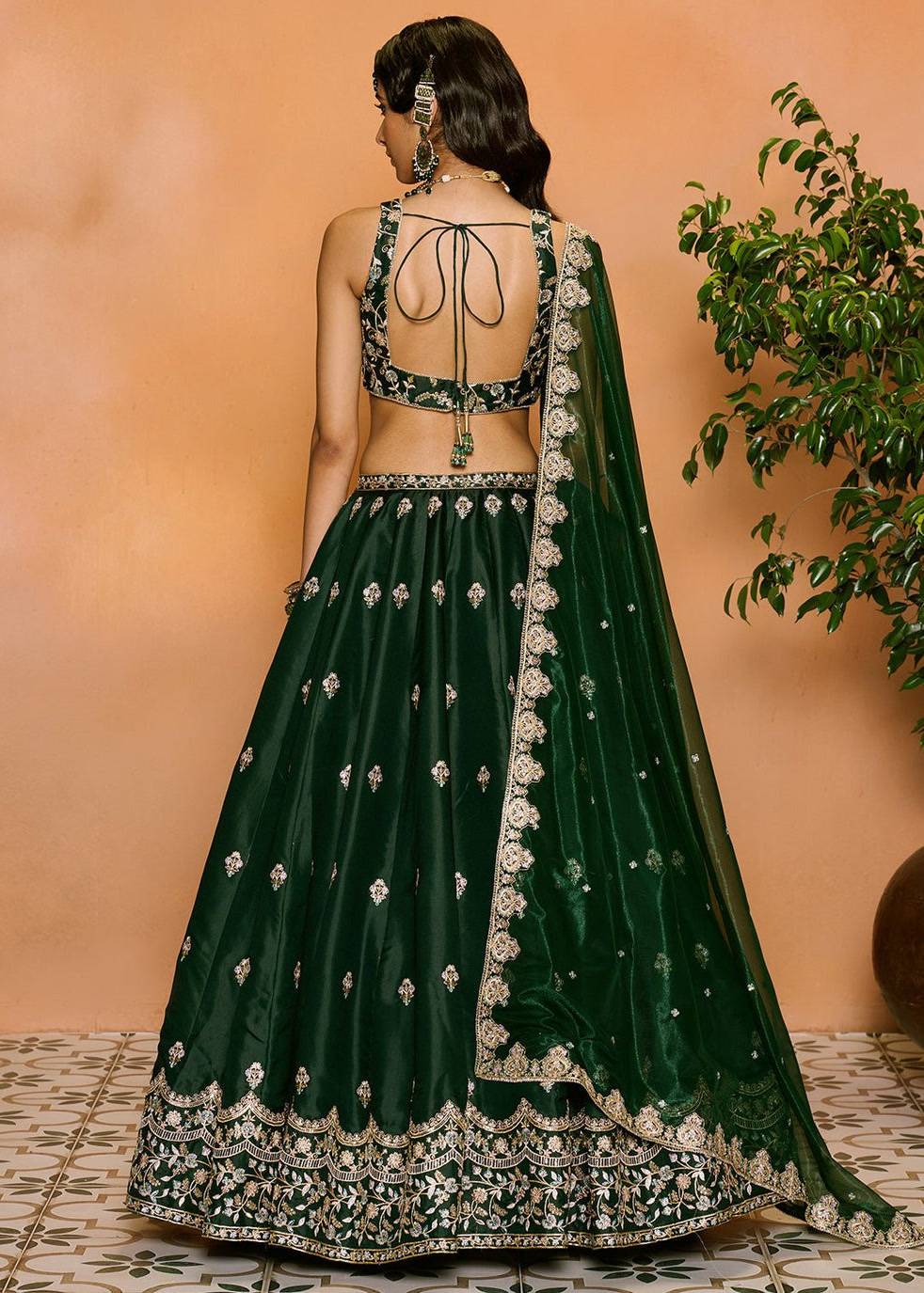 Dark Green Embroidered Silk Lehenga Set Image - 3