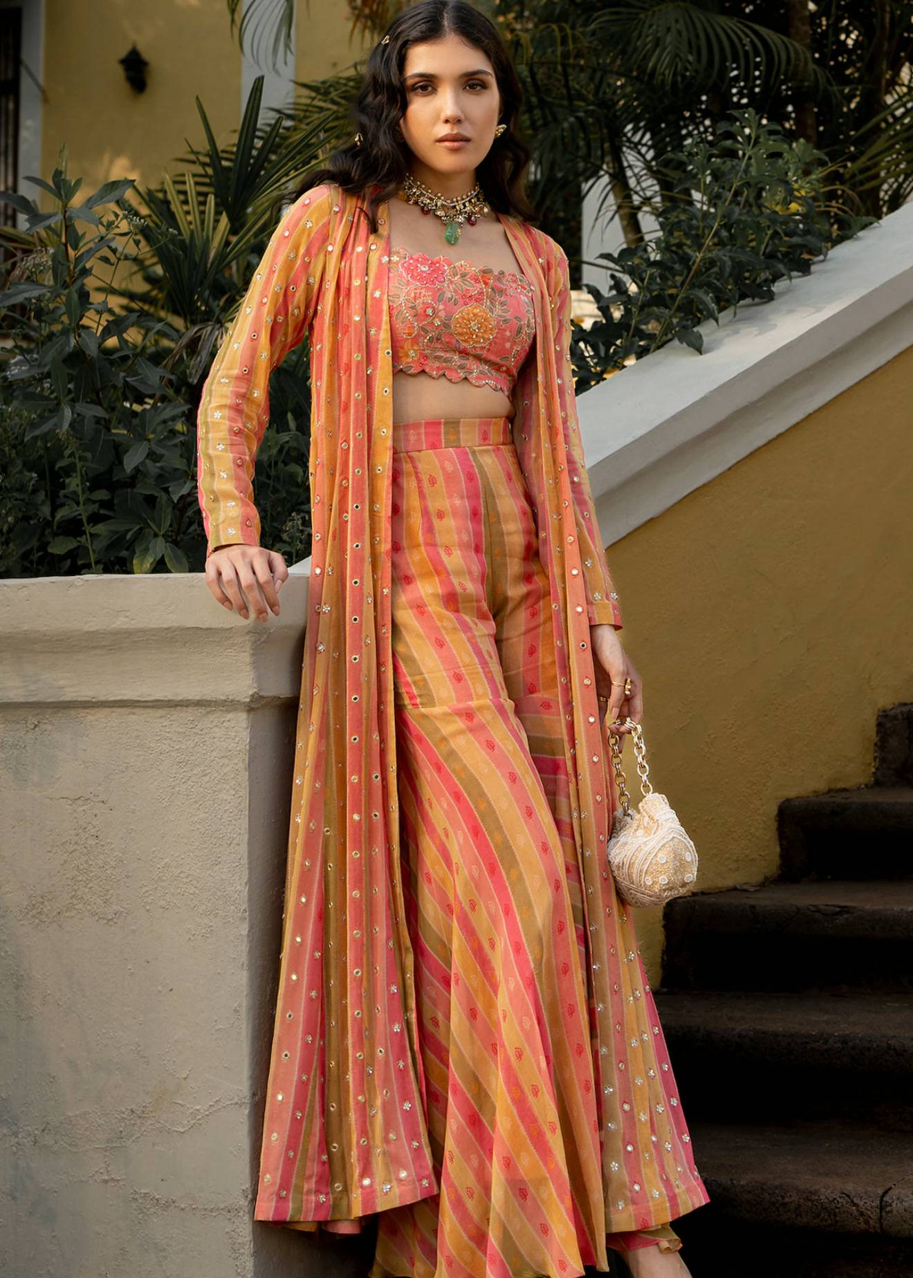 Multicolor Striped Mirror Work Cape Set Image - 2