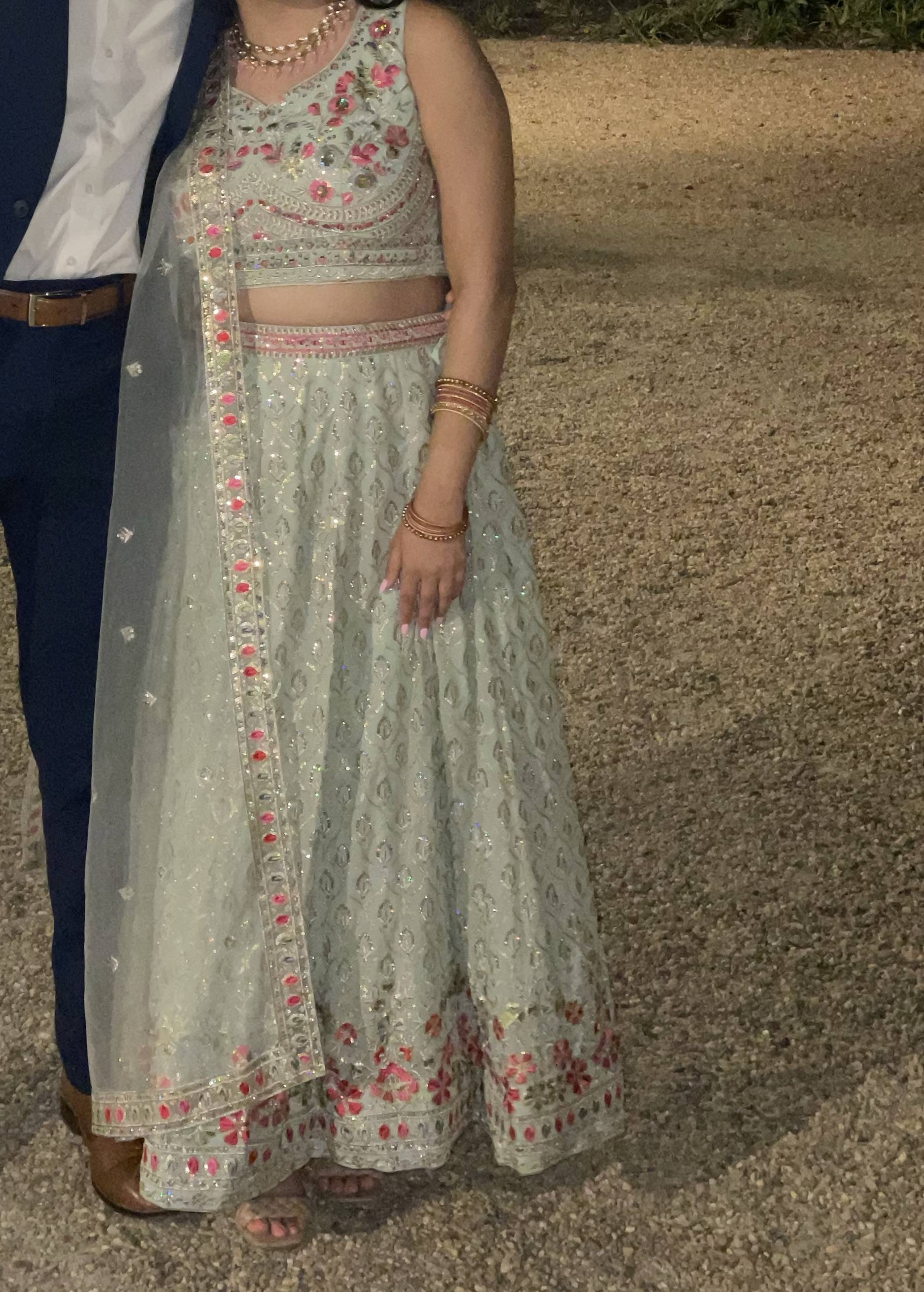 Light Green & Pink Embellished Lehenga Image - 0