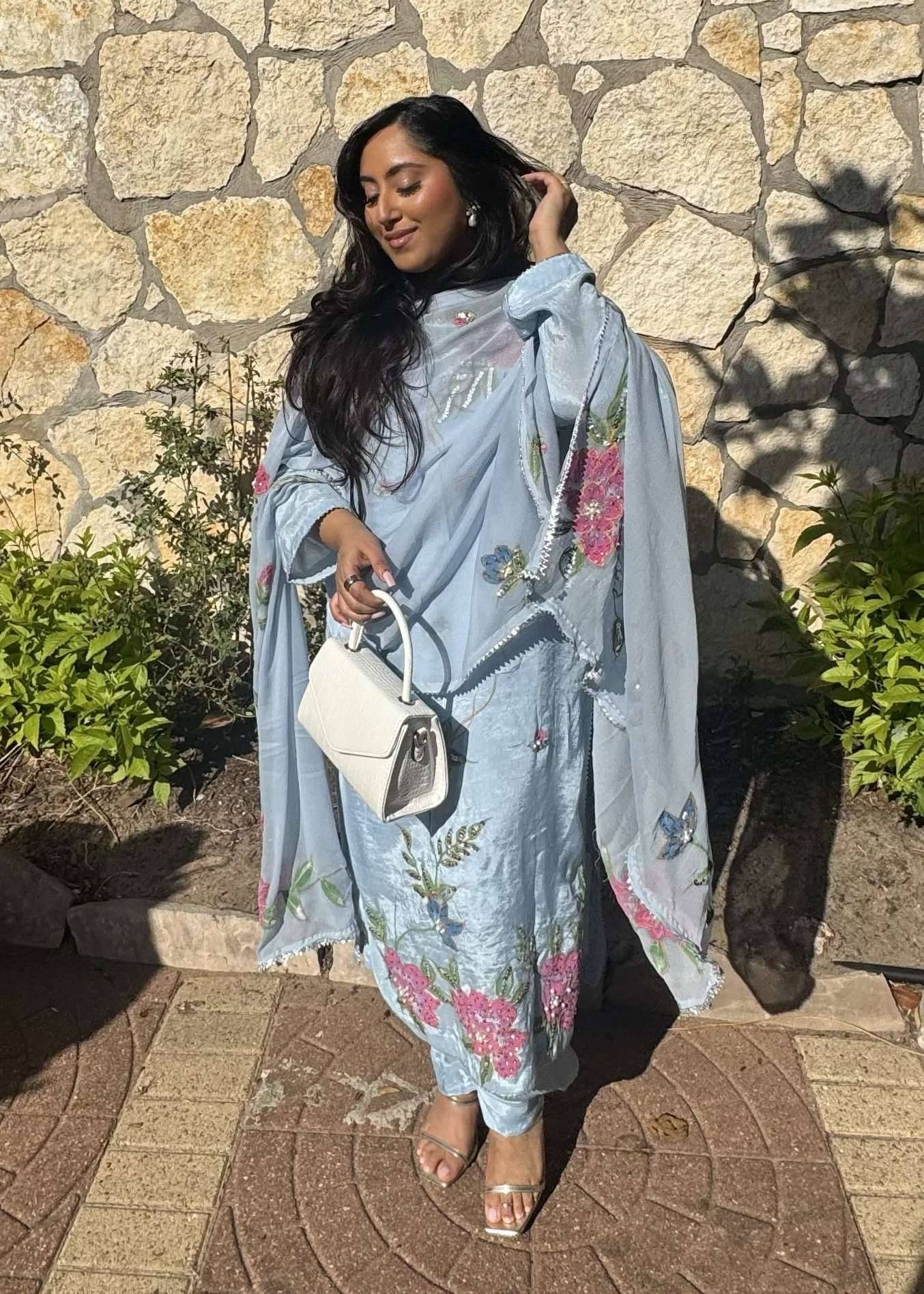 Powder Blue Floral Kurta Set Image - 0