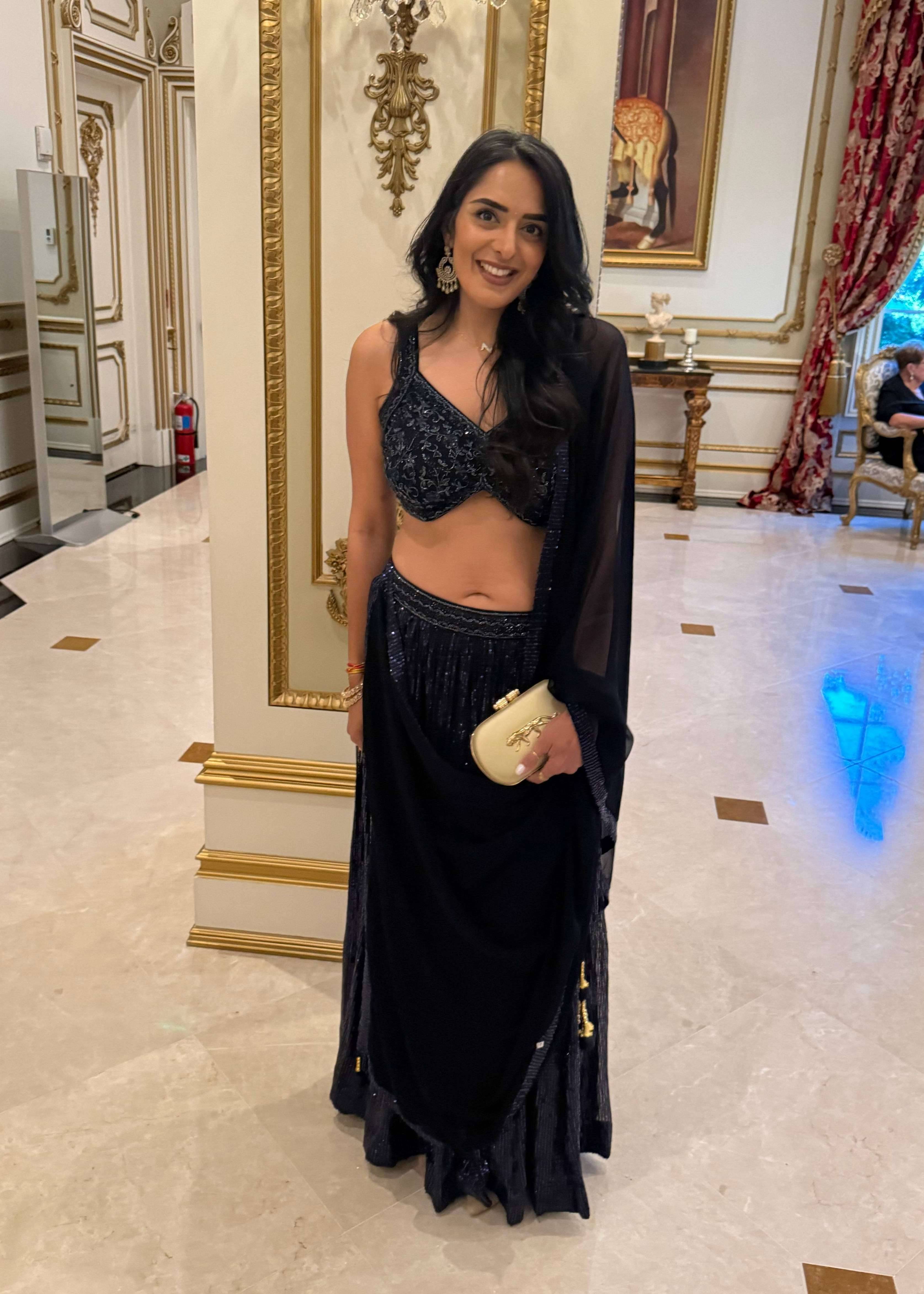 Navy Sequin Drape Lehenga Set Image - 0