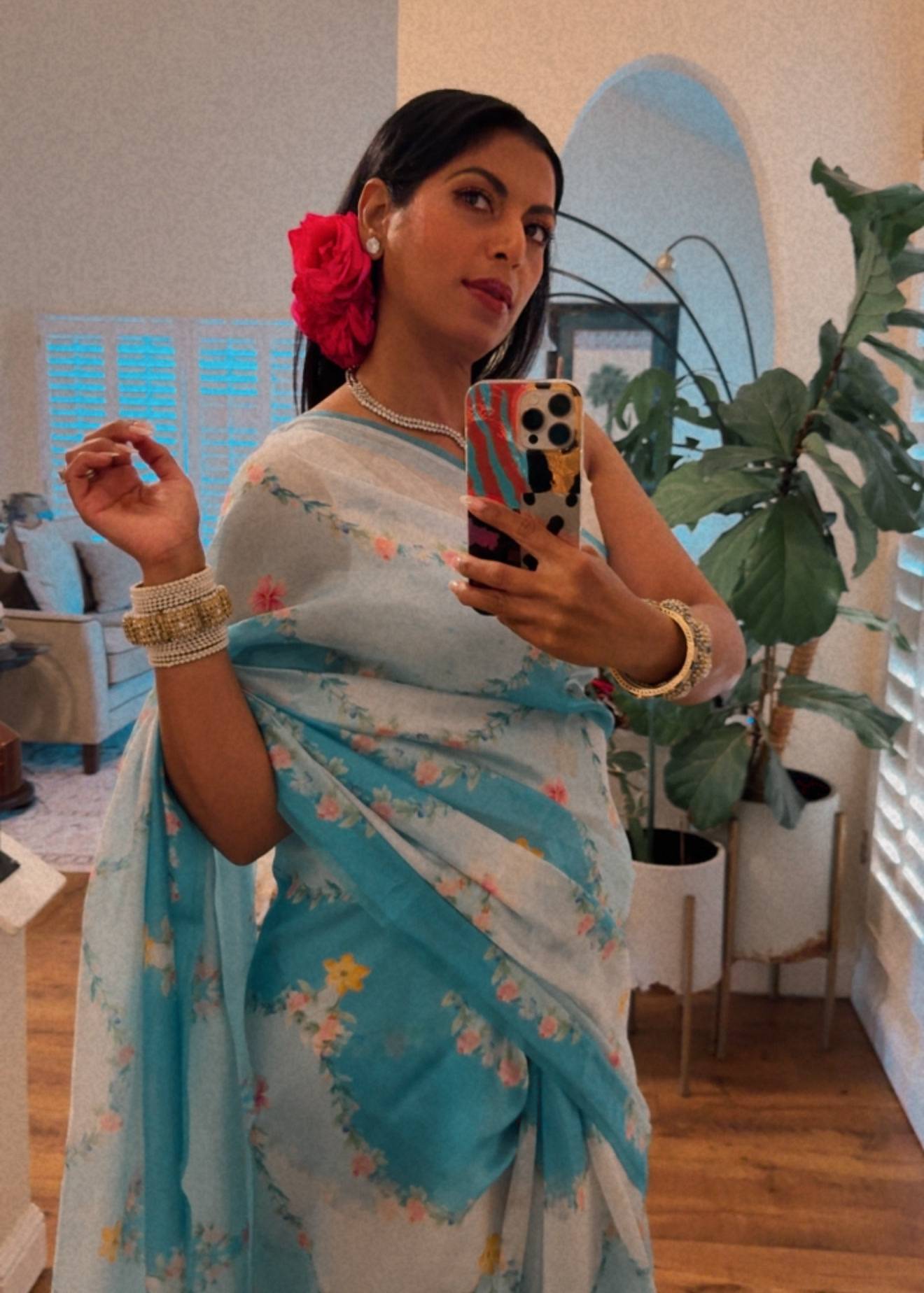 Blue Floral Sari Image - 4