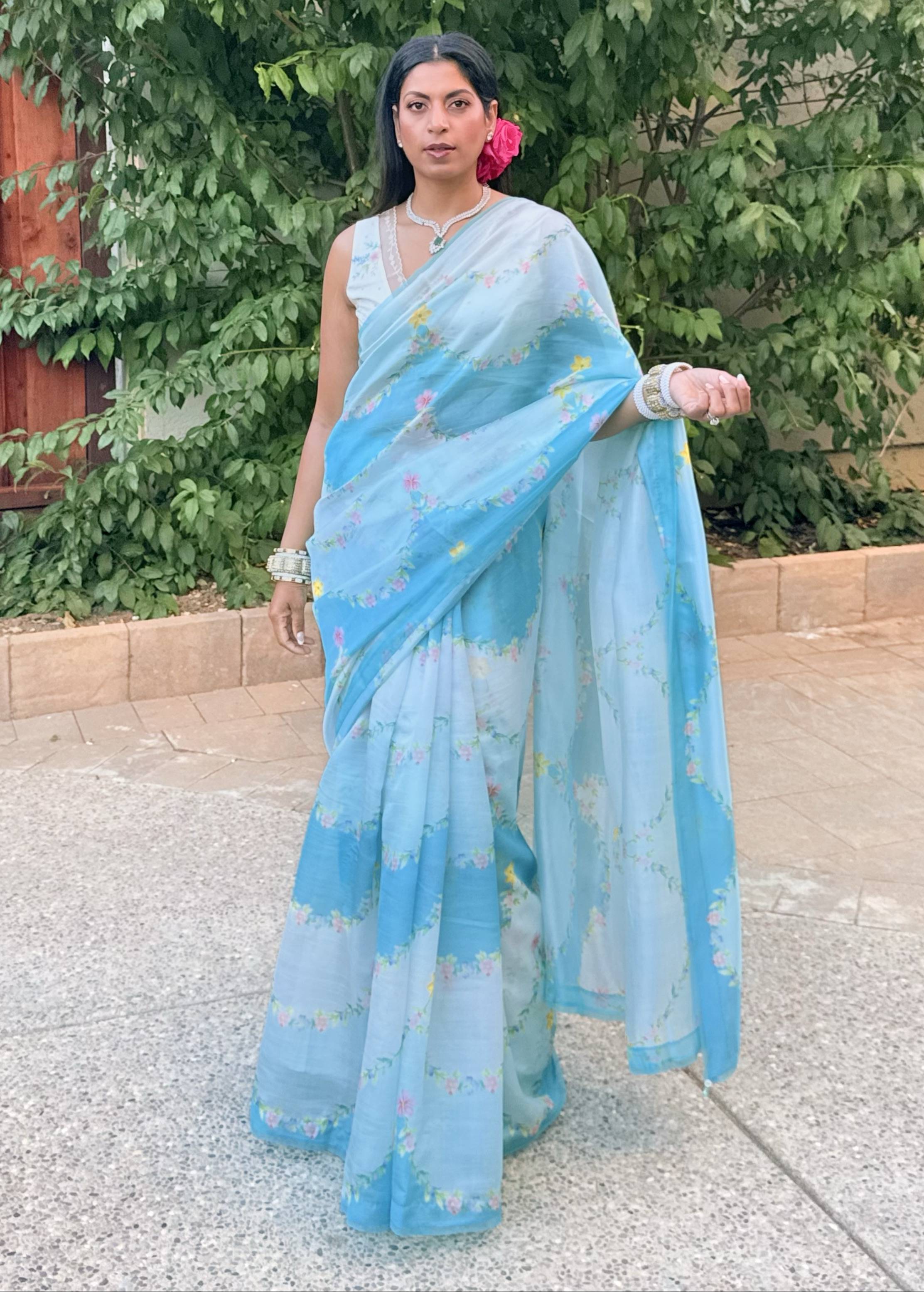 Blue Floral Sari Image - 0
