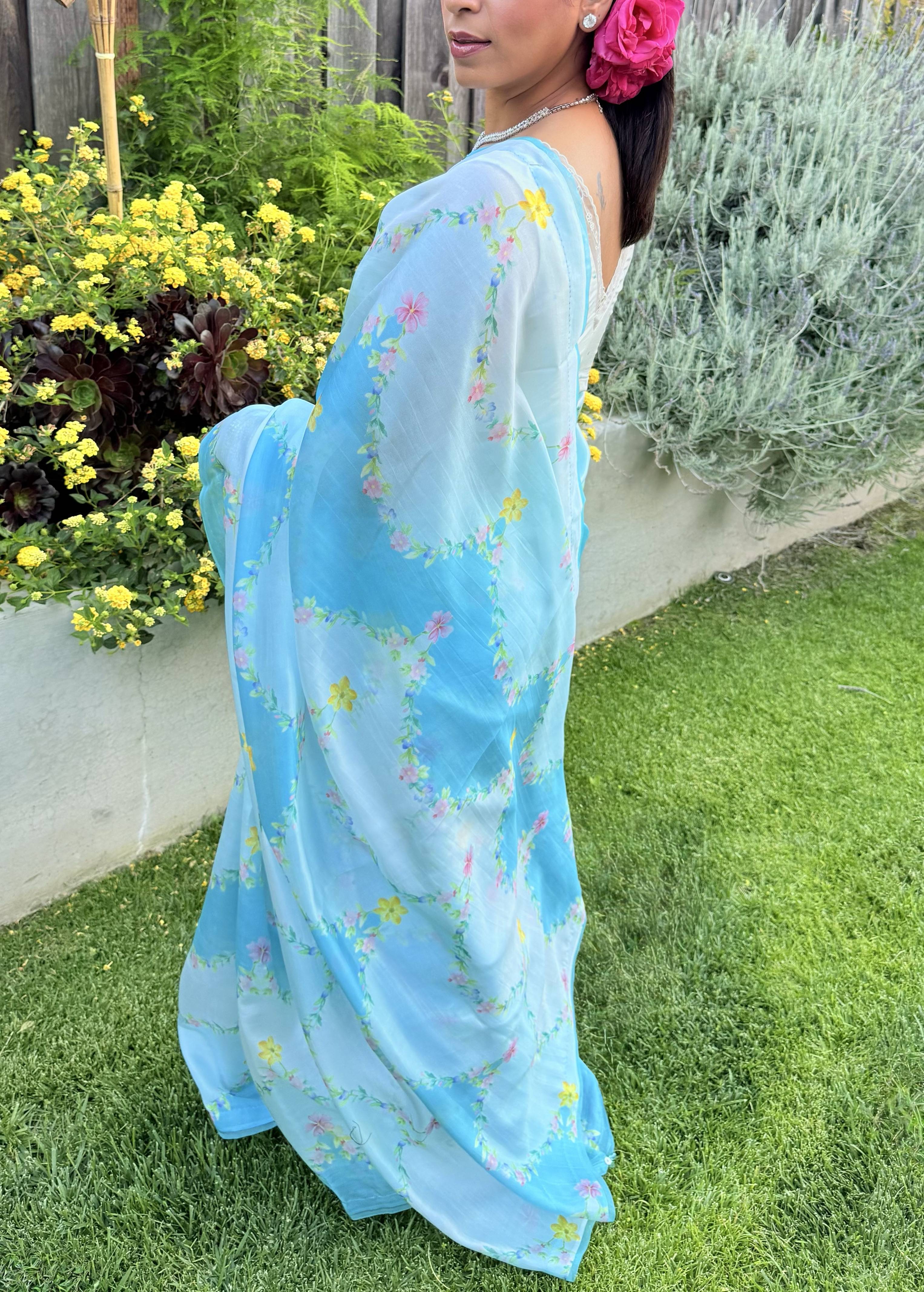 Blue Floral Sari Image - 1