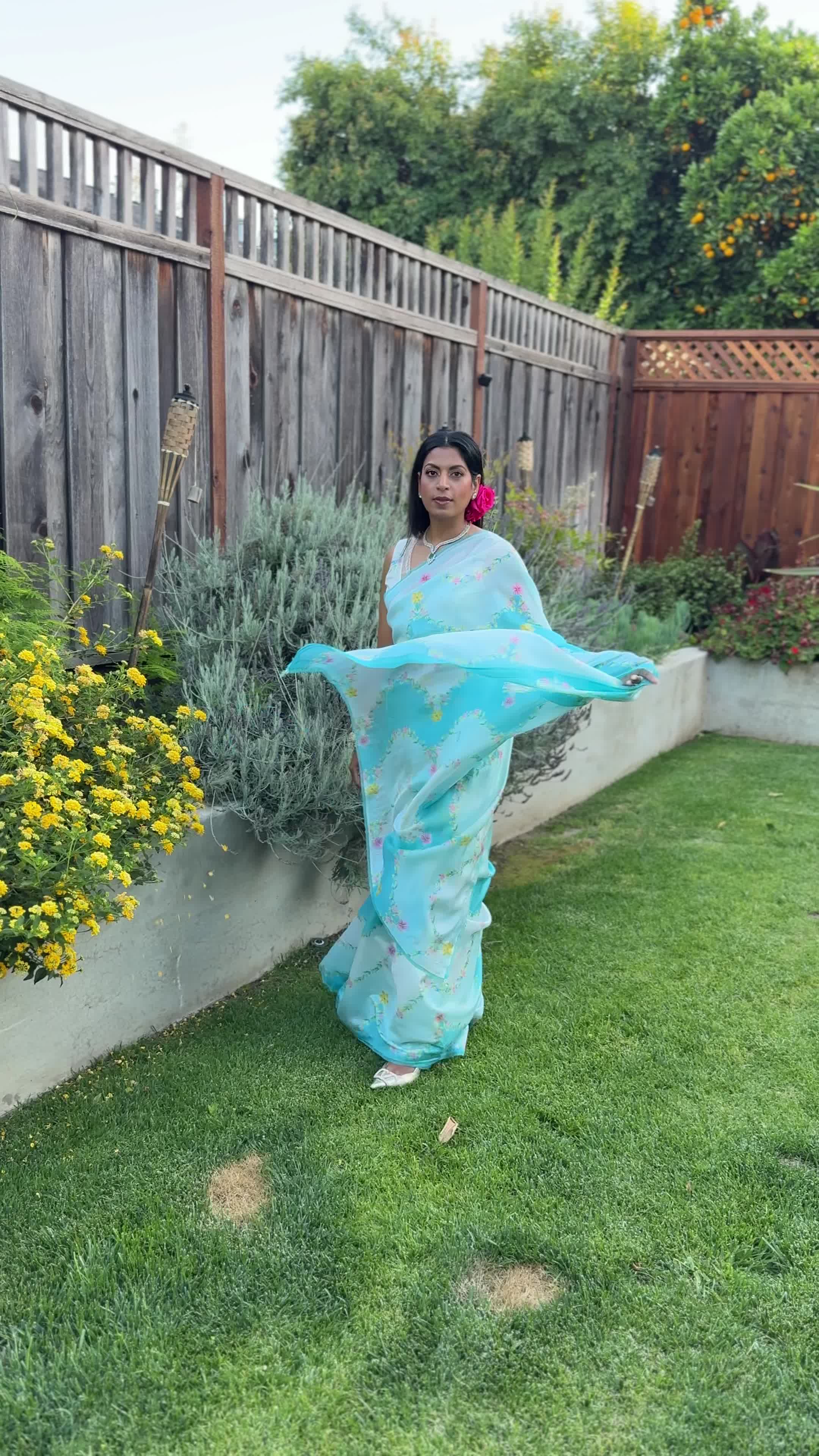 Blue Floral Sari Image - 5