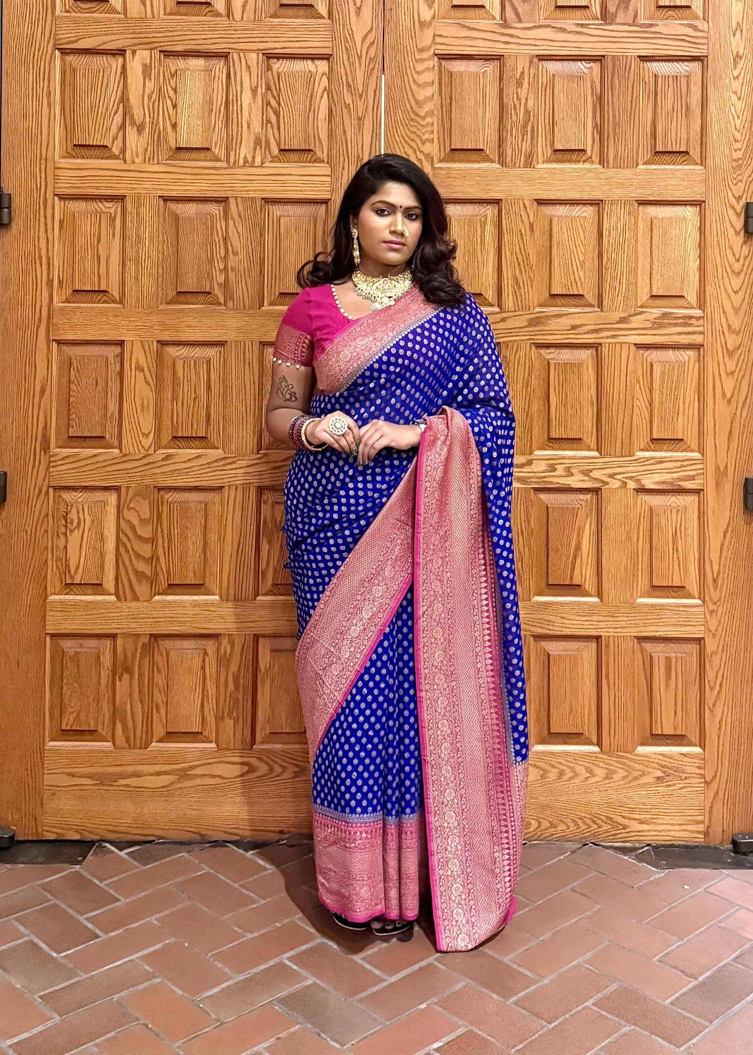 Royal Blue Bandhani Sari with Pink Zari Border Image - 0