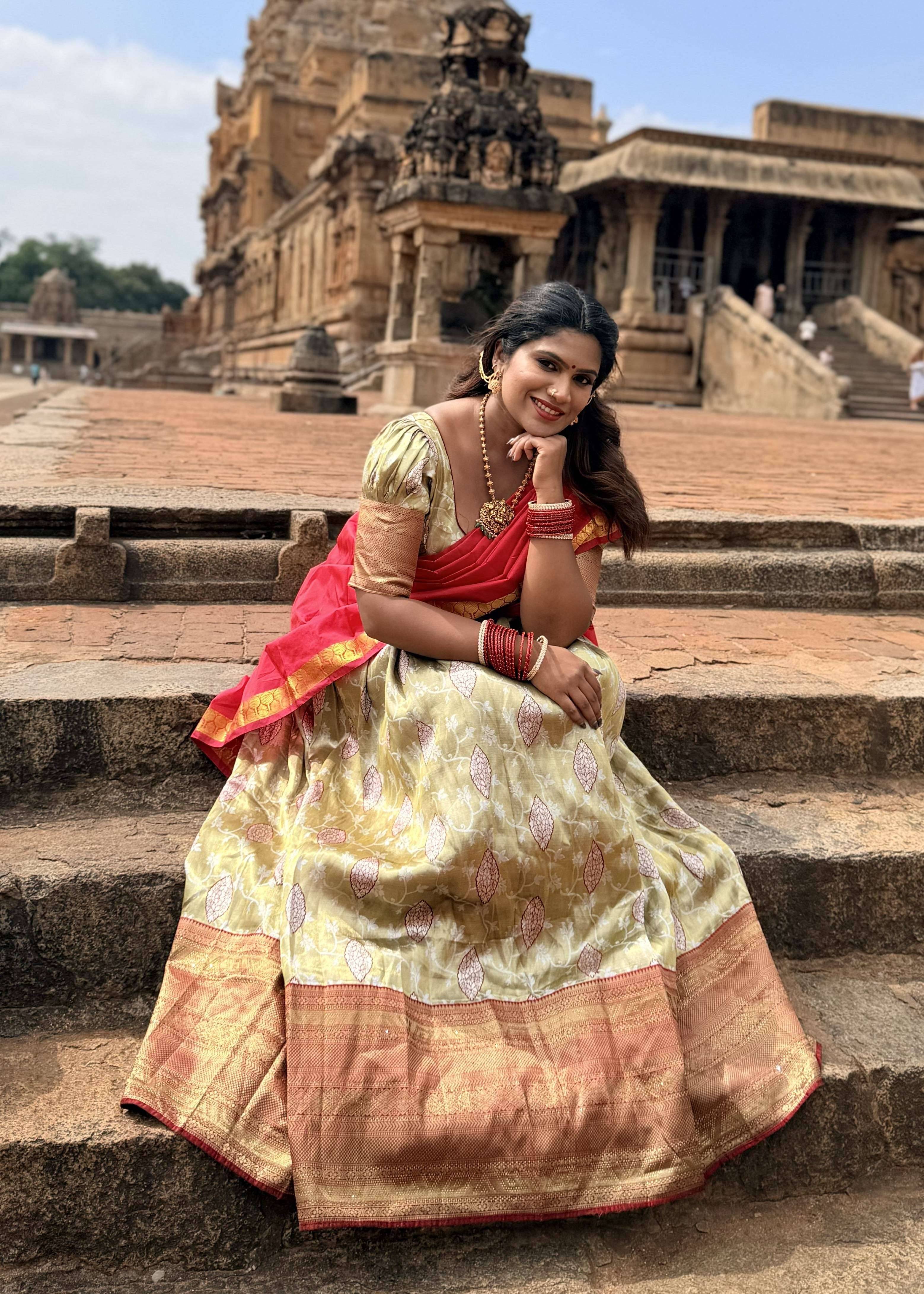 Pale Yellow Brocade Half-Saree Lehenga Set Image - 0