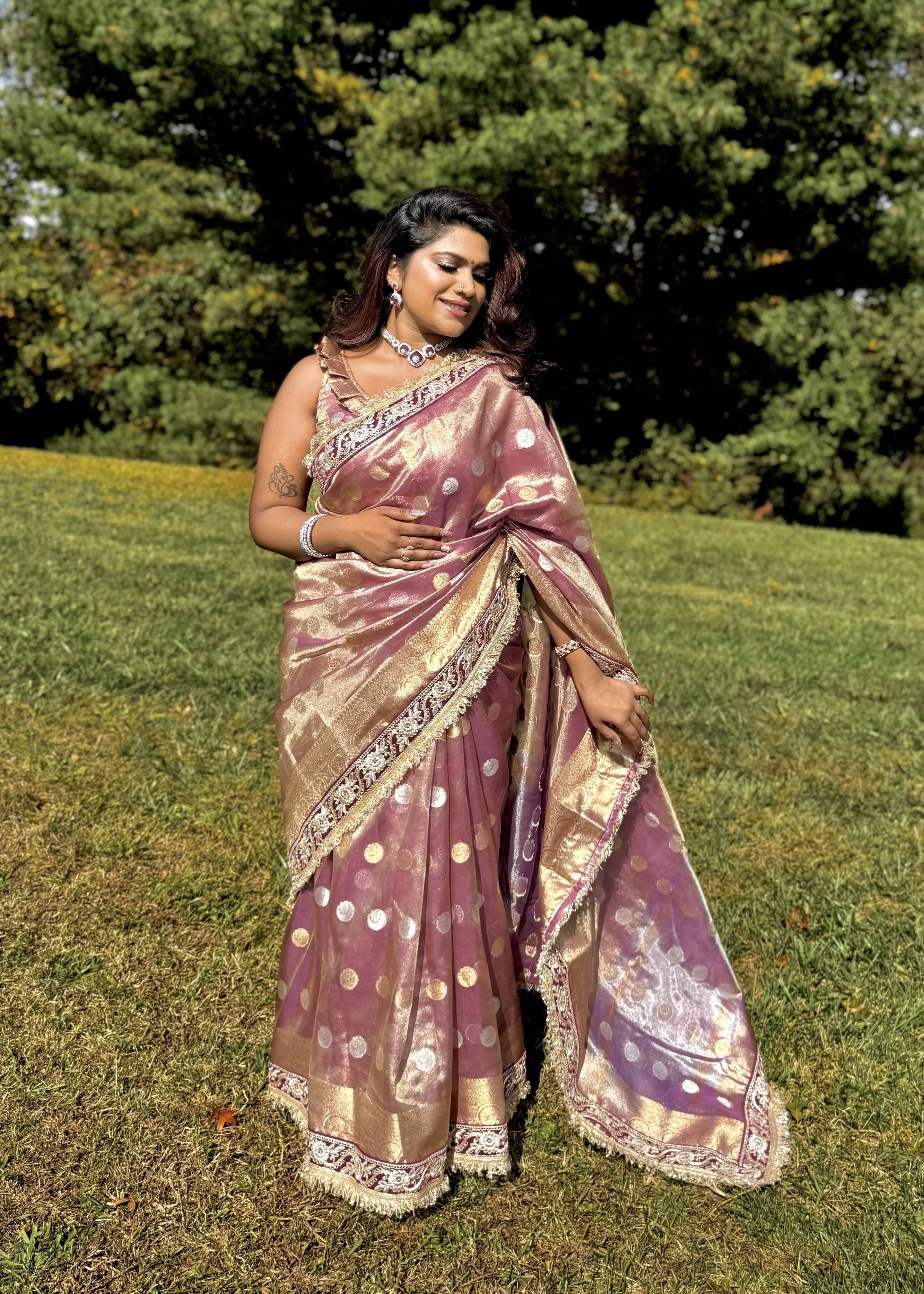 Mauve and Gold Tissue Organza Sari Image - 0