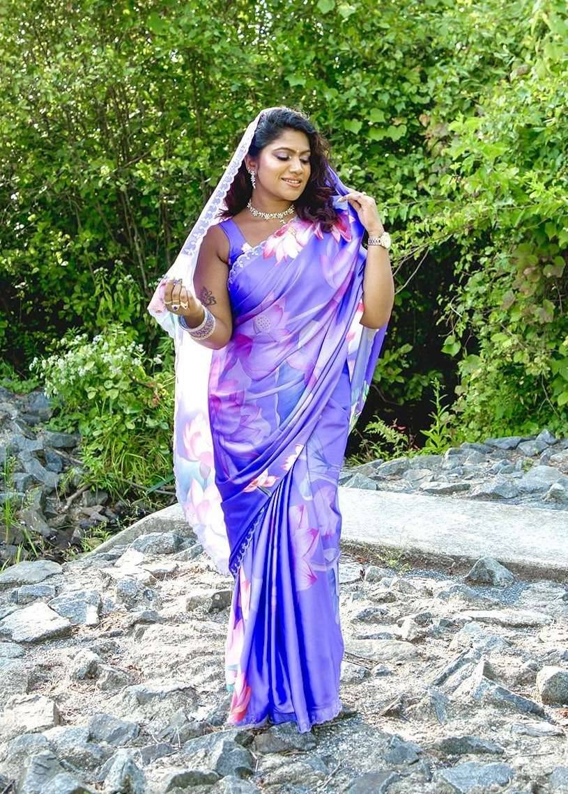 Lilac Floral Printed Satin Sari Image - 0